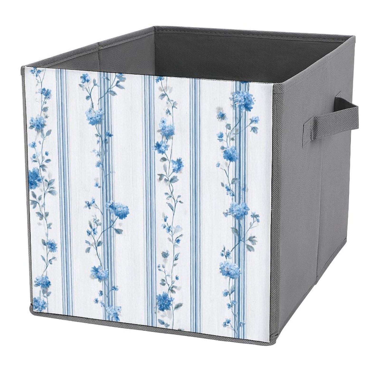 Jubonexis Floral Vine Stripes with Tiny Blue White Hydrangea Cube Storage Bins Storage Cubes Foldable Decorative Fabric Storage Baskets Home Organizers with Handles for Shelves,Closet, 27x27 CM