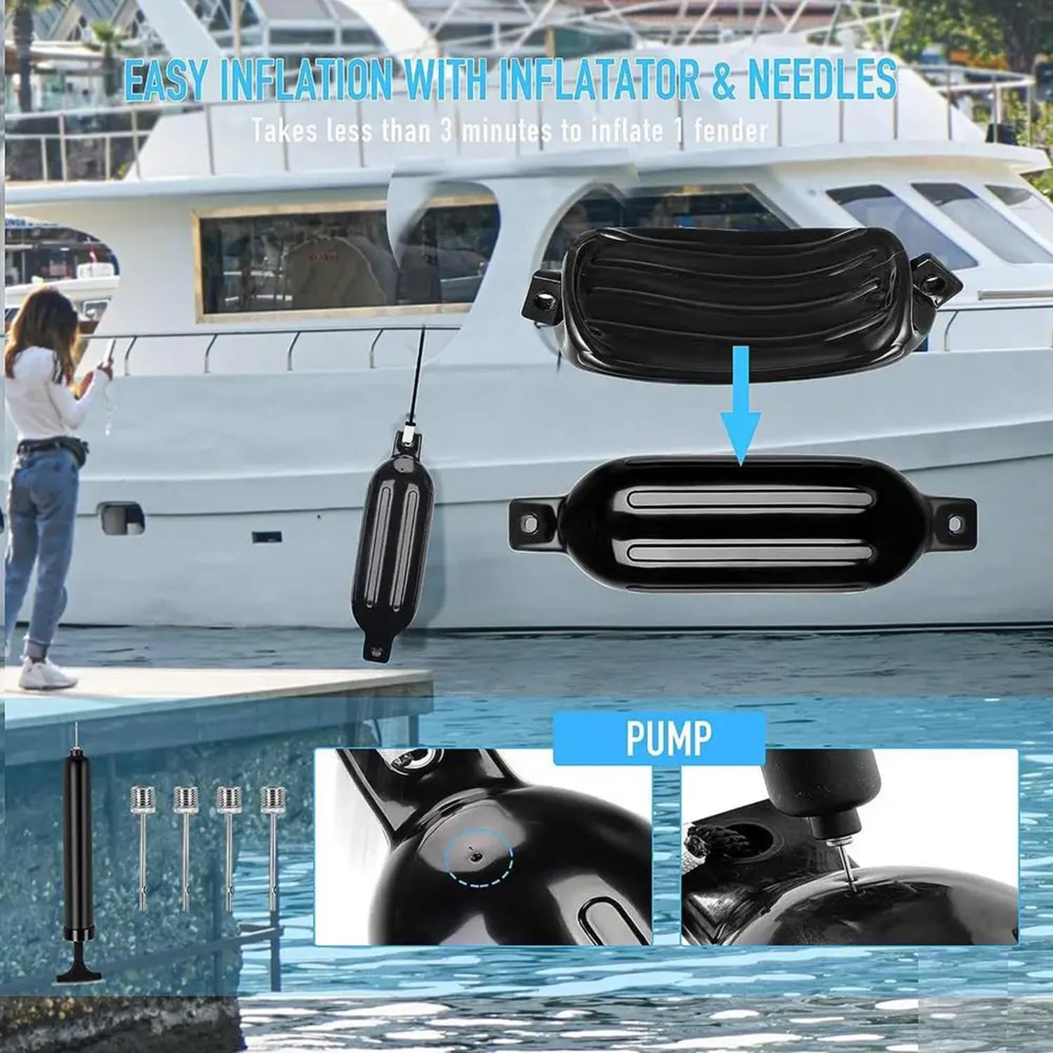 Parabordi Per Barca Marine,40x11cm Boe Nere Gonfiabili,Set Di Parafanghi Da 4 Pezzi (Comprese Le Linee Dei Parafanghi),Compresa La Pompa,Quattro Spine d'Aria,Per Barche Marine Meno di tre metri(Nero)