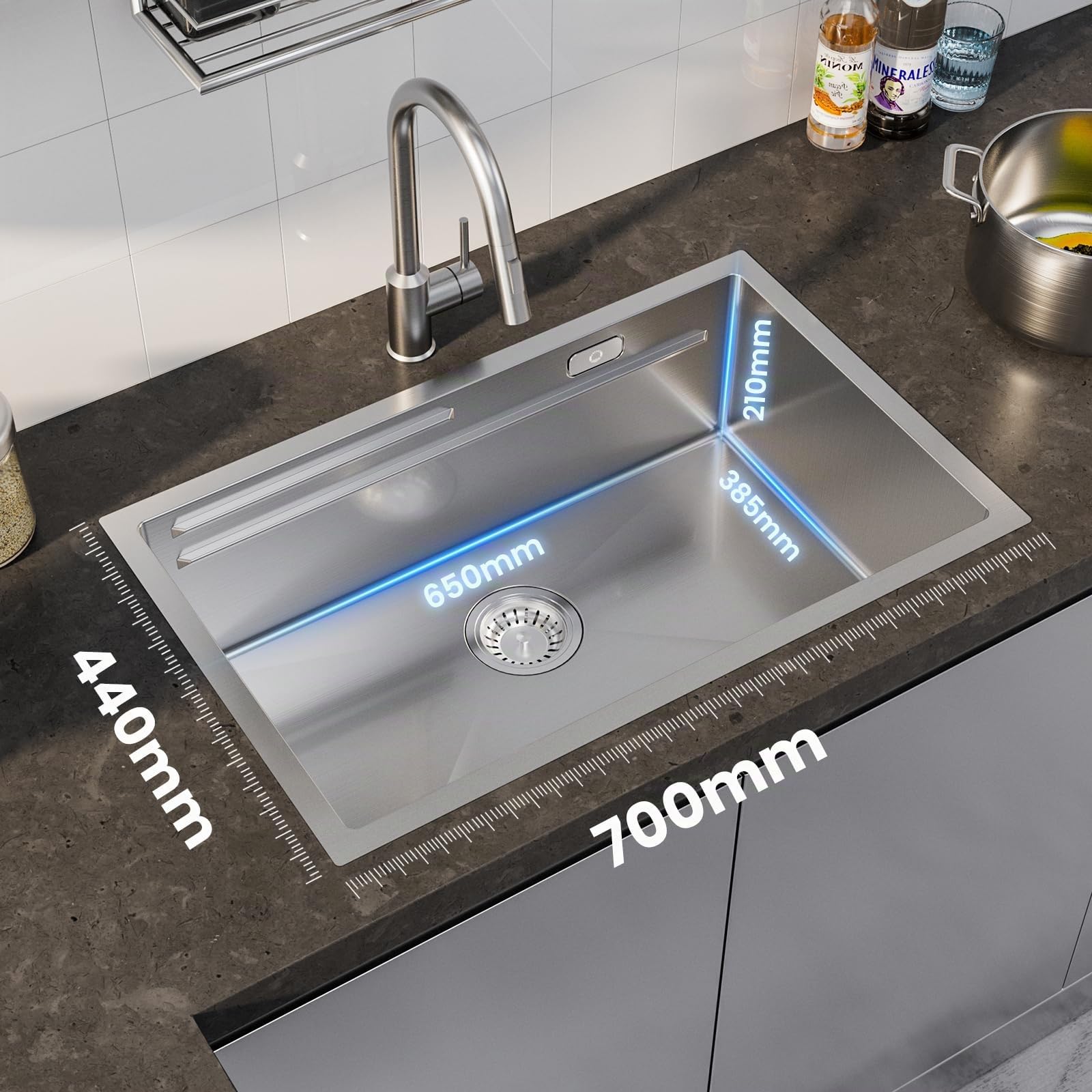 CECIPA Évier de cuisine en acier inoxydable 70 x 44 cm avec planche à découper, évier intérieur de rechange, siphon avec garniture de trop-plein, lavabo de cuisine, encastrable sans trou de robinet