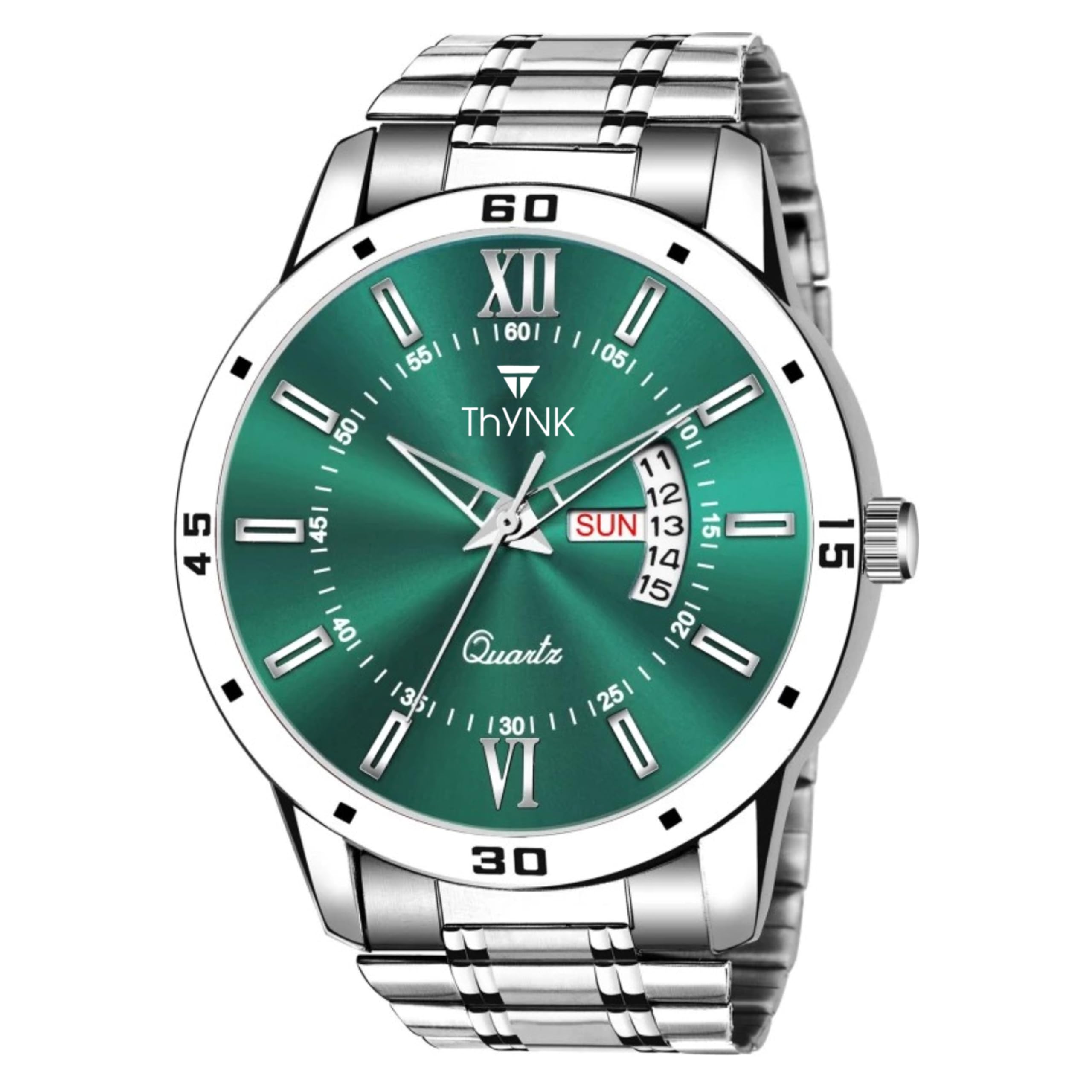 Men's Analog Quartz Watch with Day & Date Display | Stylish Green Dial & Stainless Steel Strap-image-46
