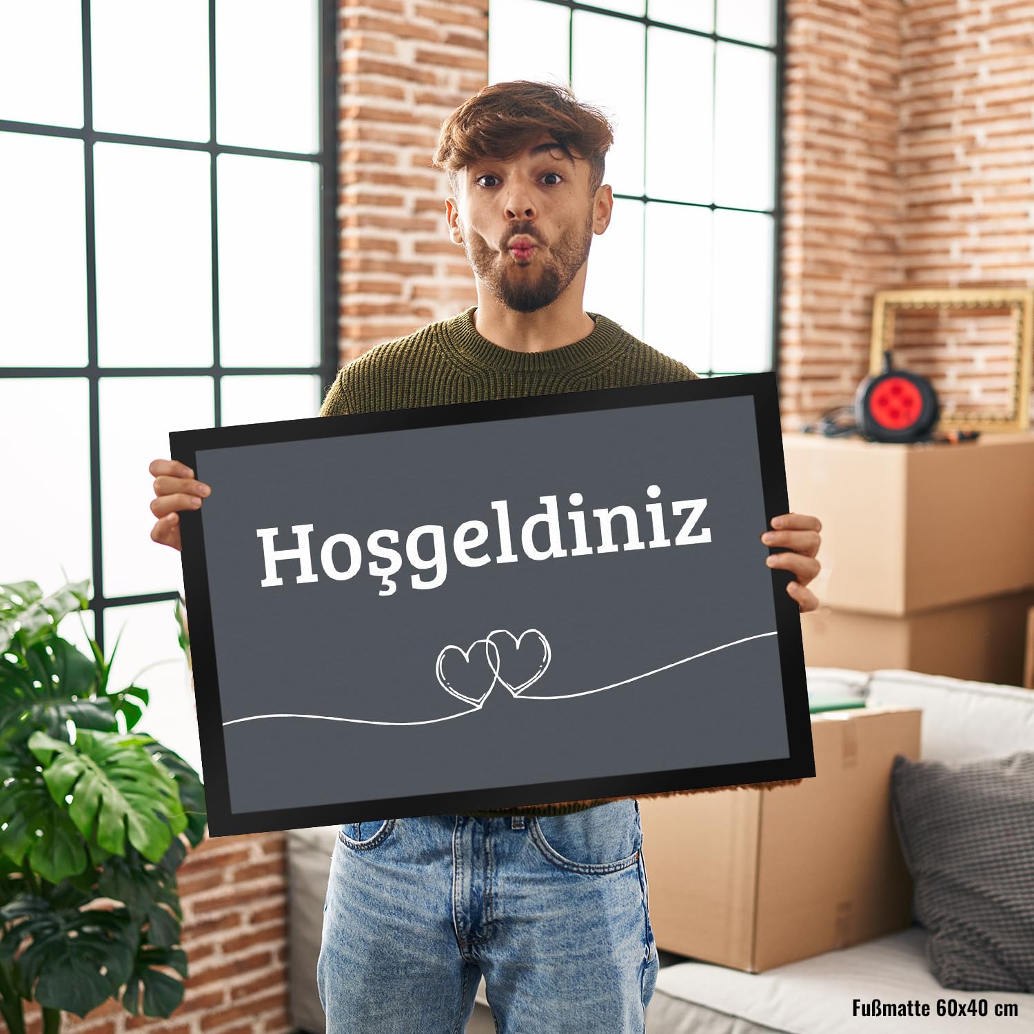 Fußmatte Hosgeldiniz türkisch in dunkelgrau mit Herzen Willkommen Paspas