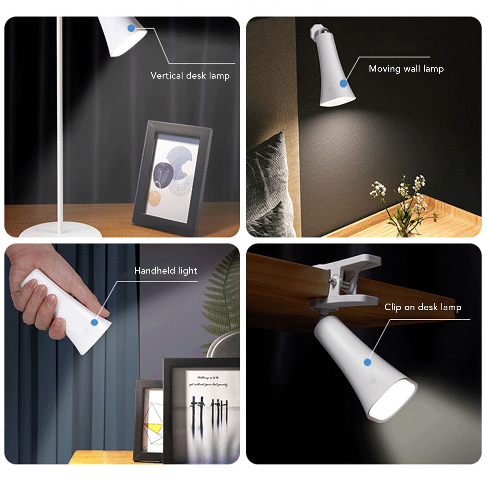 Lampe de Bureau LED 4 en 1, 3 Luminosités, 14 Puces Lumineuses, Lampe de Lecture, Lampe de Bureau sans Fil pour le Soin des Yeux, Lampe Murale à Pince de Table avec Aspiration