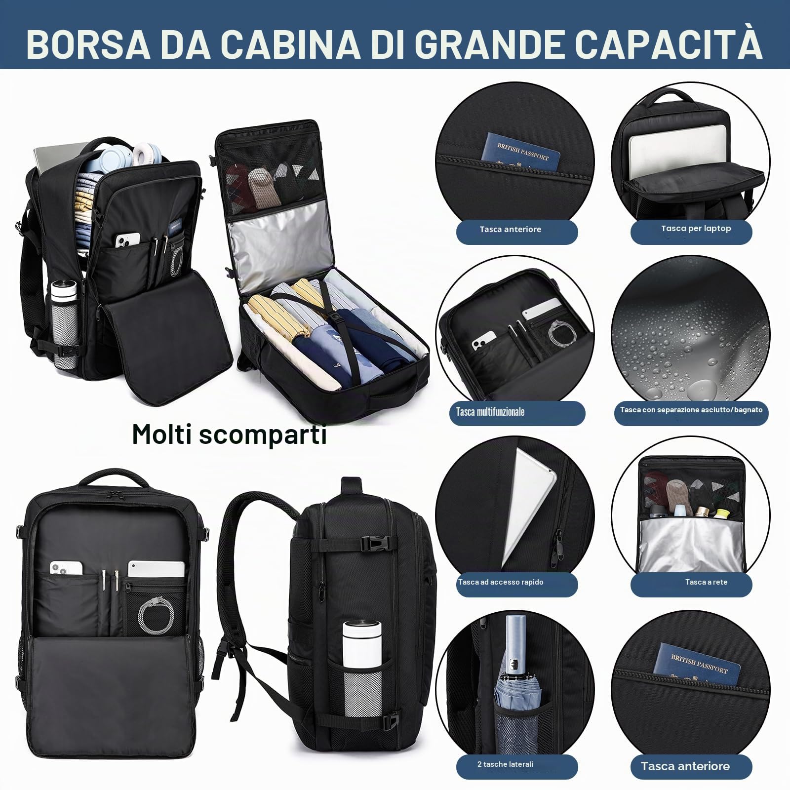 Zaino da Viaggio 55x40x20 44L Borsa da Cabina Antifurto Nero