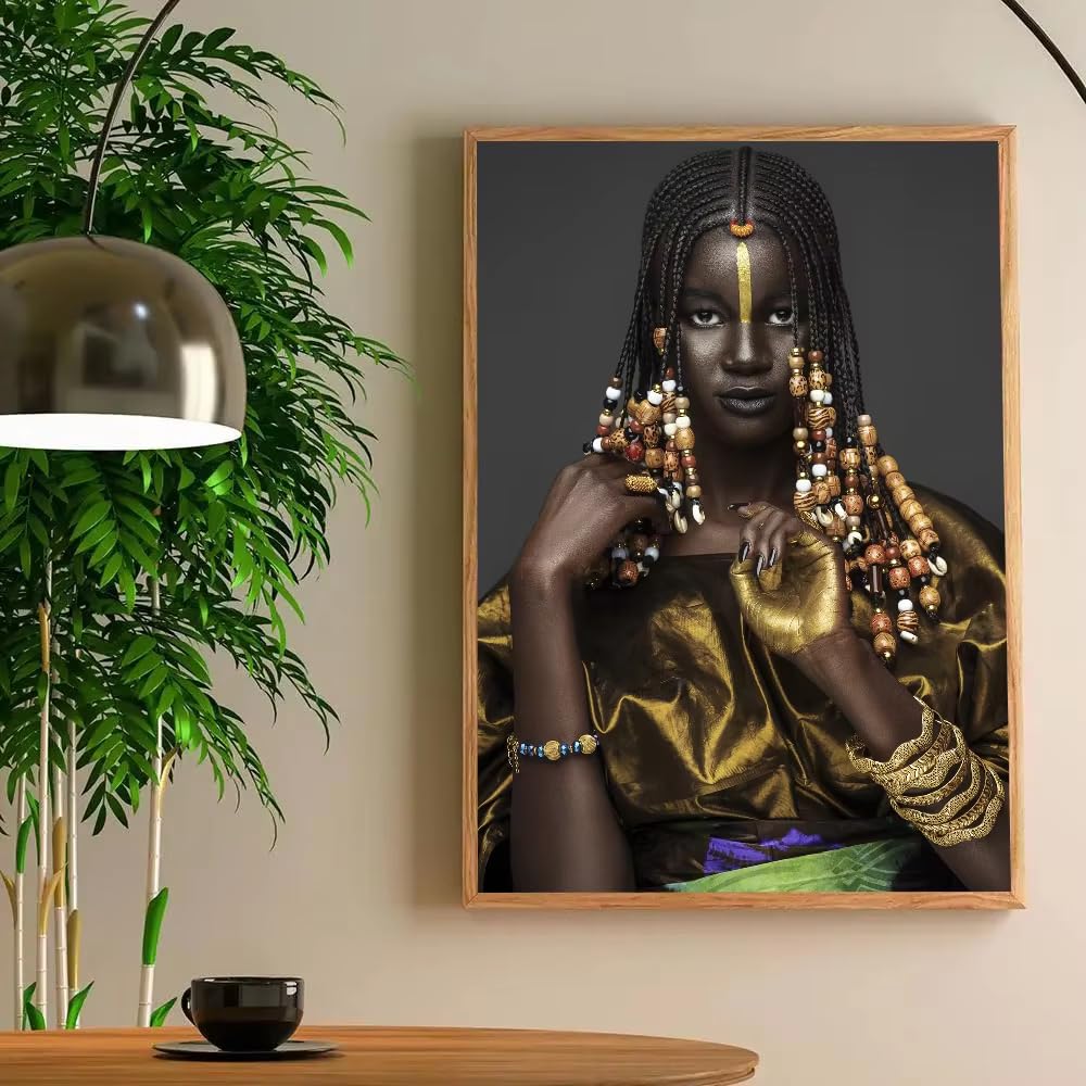 DFZEWKI Modern Black Gold African Woman Portrait Print Home Living Room Bedroom Entrance Bar Restaurant(70x90cm(26x35in)/No frame)