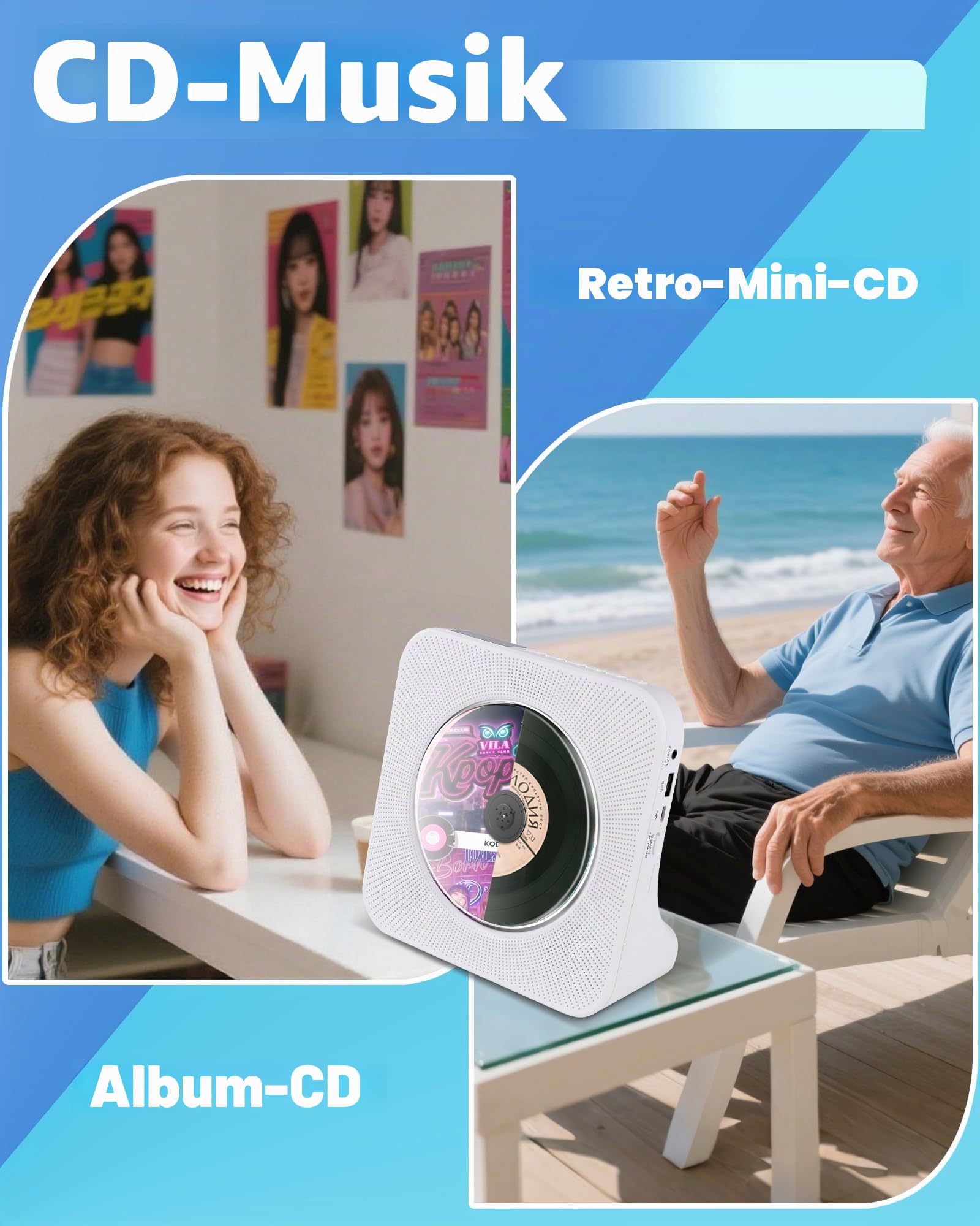 Tragbarer Aufladbarer CD-Player, Stereo-CD-Player mit Bluetooth, AUX, FM-Radio, USB, Desktop-CDs-Players mit Fernbedienung