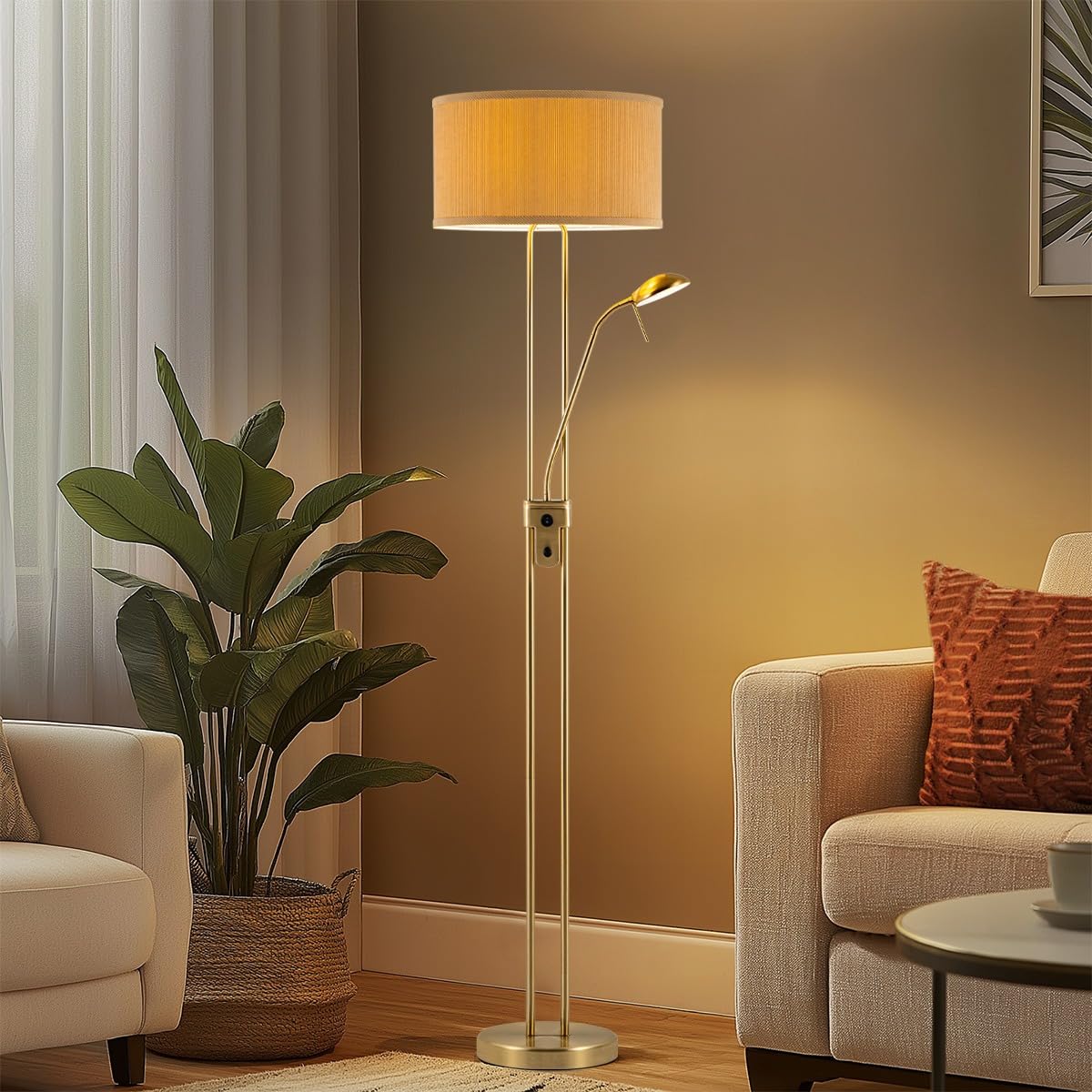 Home Sweet Home Piantana uplighter con lampada da lettura dimmerabile – Lampada da terra per soggiorno in ottone, lampada LED da 170 cm con paralume in tessuto, incluse lampadine E27 e G9