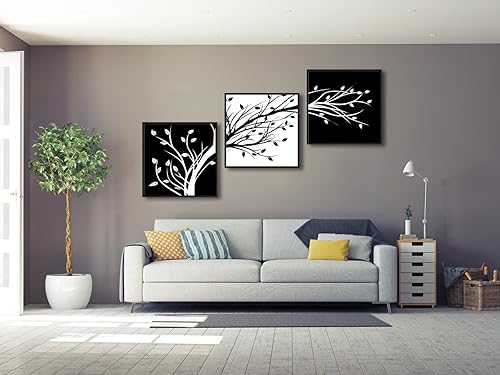 Miniatura 7 de Wieco Art Hojas modernas de 3 paneles de flores ilustraciones de Giclée impresiones en lienzo abstractas en blanco y negro árboles florales pinturas