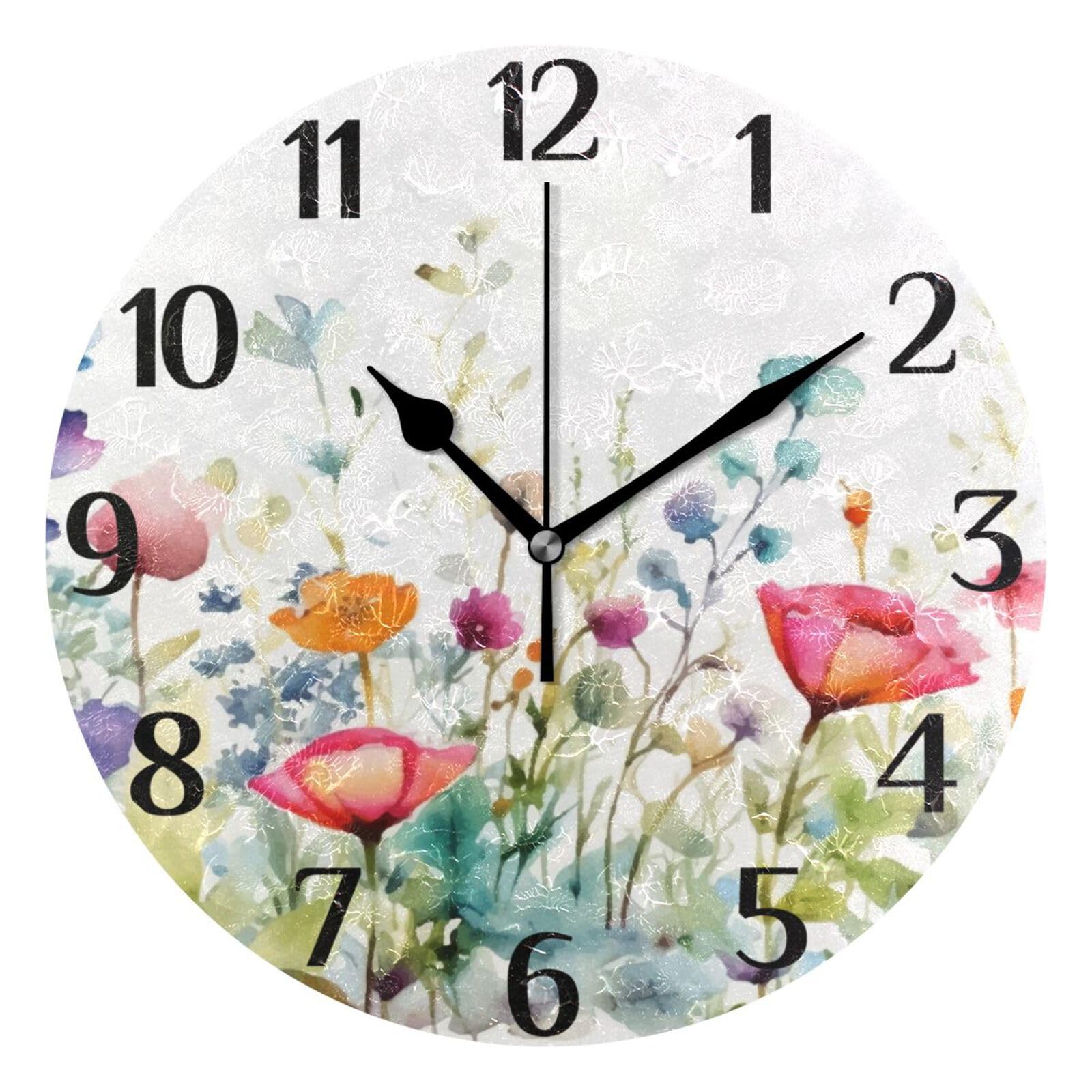 Mnsruu Clock Poppy Lavender Ink Flowers Wall Clock Silent Non-Ticking Round Wall Clock 25cm Easy to Read Decorative Clocks for Living Room Dinning Kitchen Home Battery Operated