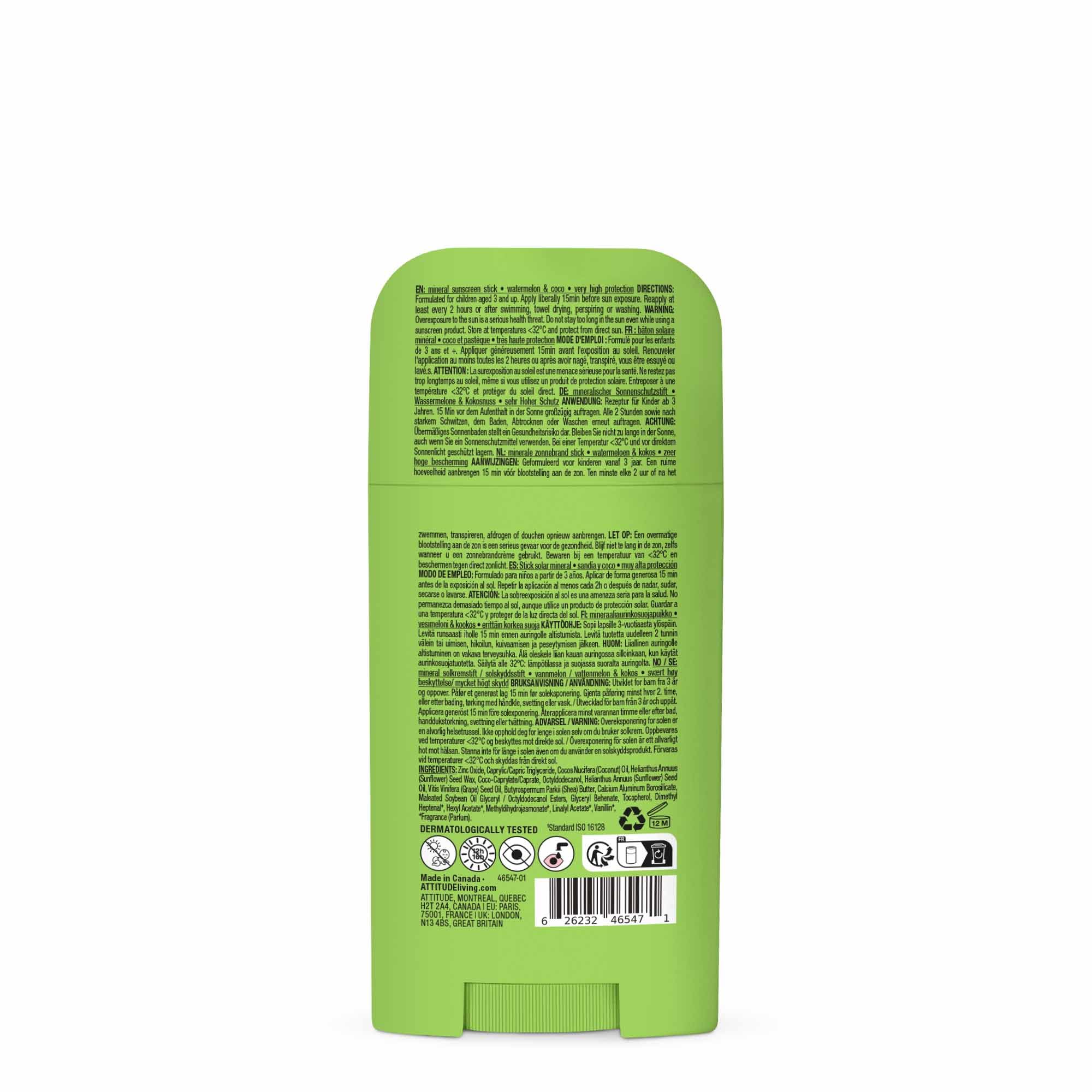 ATTITUDE Crème Solaire Minérale pour Enfants SPF 50, Large Spectre à l’Oxyde de Zinc, Vérifié EWG, Non Nano, Léger pour Visage et Corps, Végan, Parfum Coco & Pastèque, 60 g