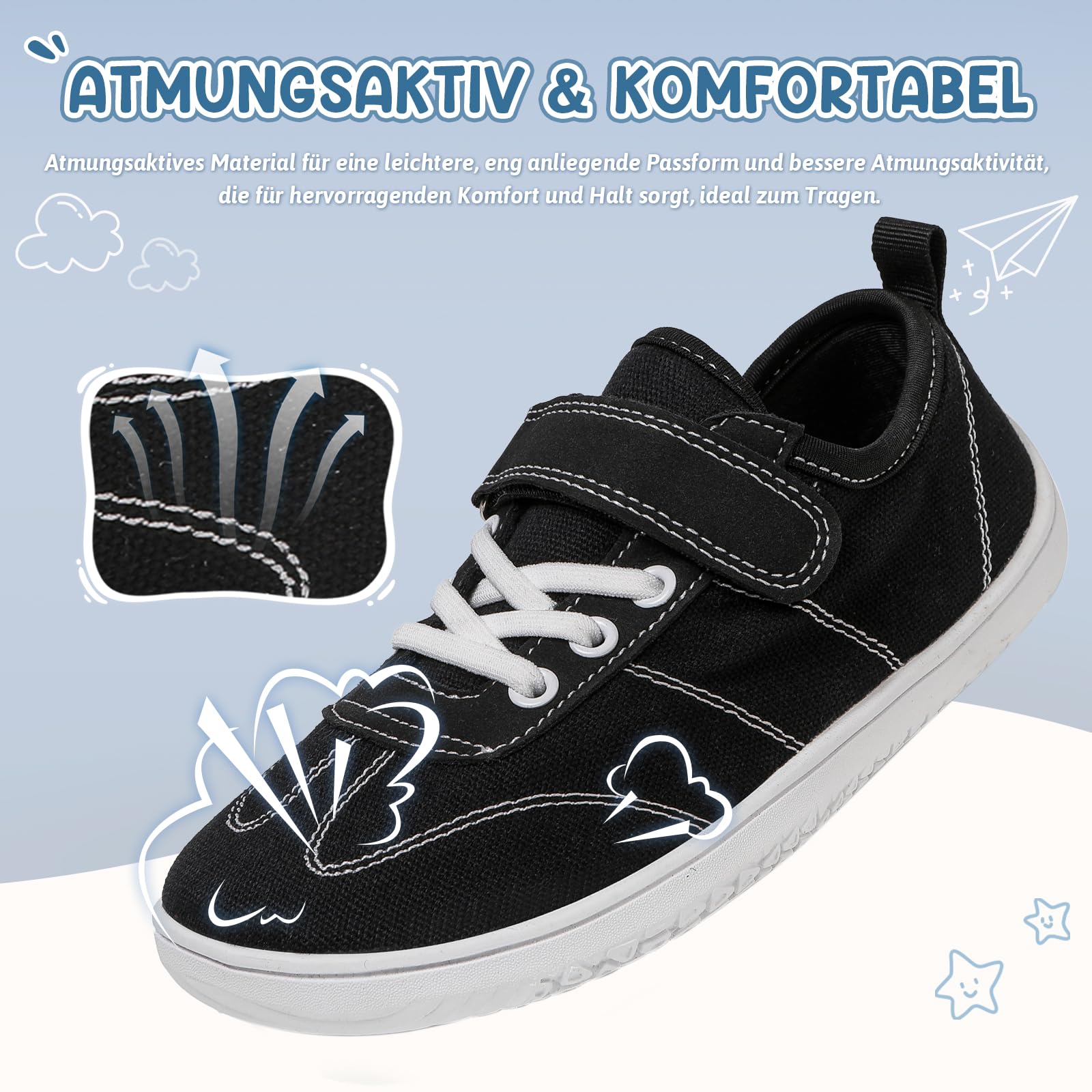 Kinder Barfußschuhe Breite Atmungsaktiv rutschfest für Jungen Mädchen Leicht Traillaufschuhe Freizeit mit Klettverschluss Minimalistische Sommer Sneaker Komfortable,Schwarz,Gr.25