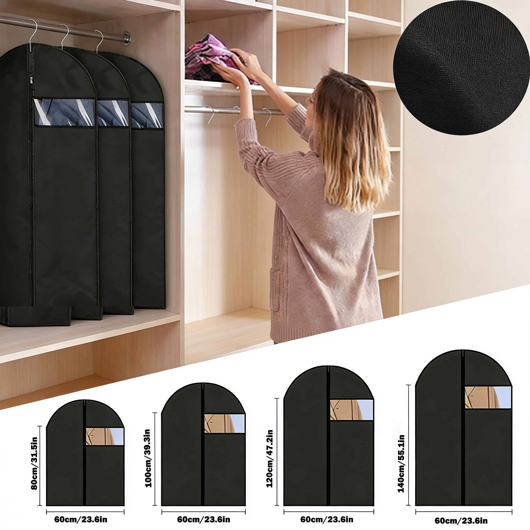 Fundas Ropa Cubiertas de ropa impermeables a prueba polvo, Protector vestido traje capa organizador armario con ventana transparente Fundas Ropa Armario Colgar(Black-60X120CM,4PCS)
