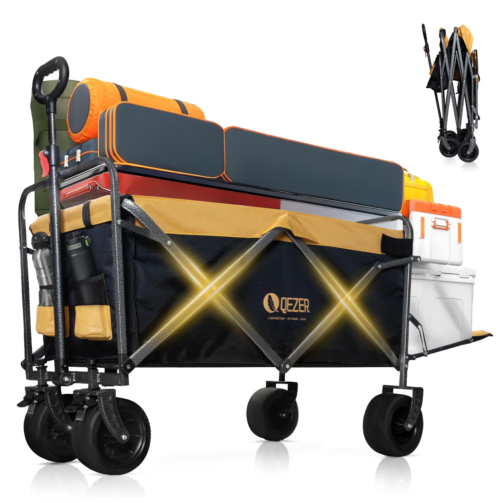 Chariot Pliable avec Roues Tout Terrain,Capacité de Charge 220 kg/270 kg, Chariot de Transport Multifonction pour Plage，Jardin, Camping, Pêche et Barbecue (Noir et Jaune, Grande Taille)