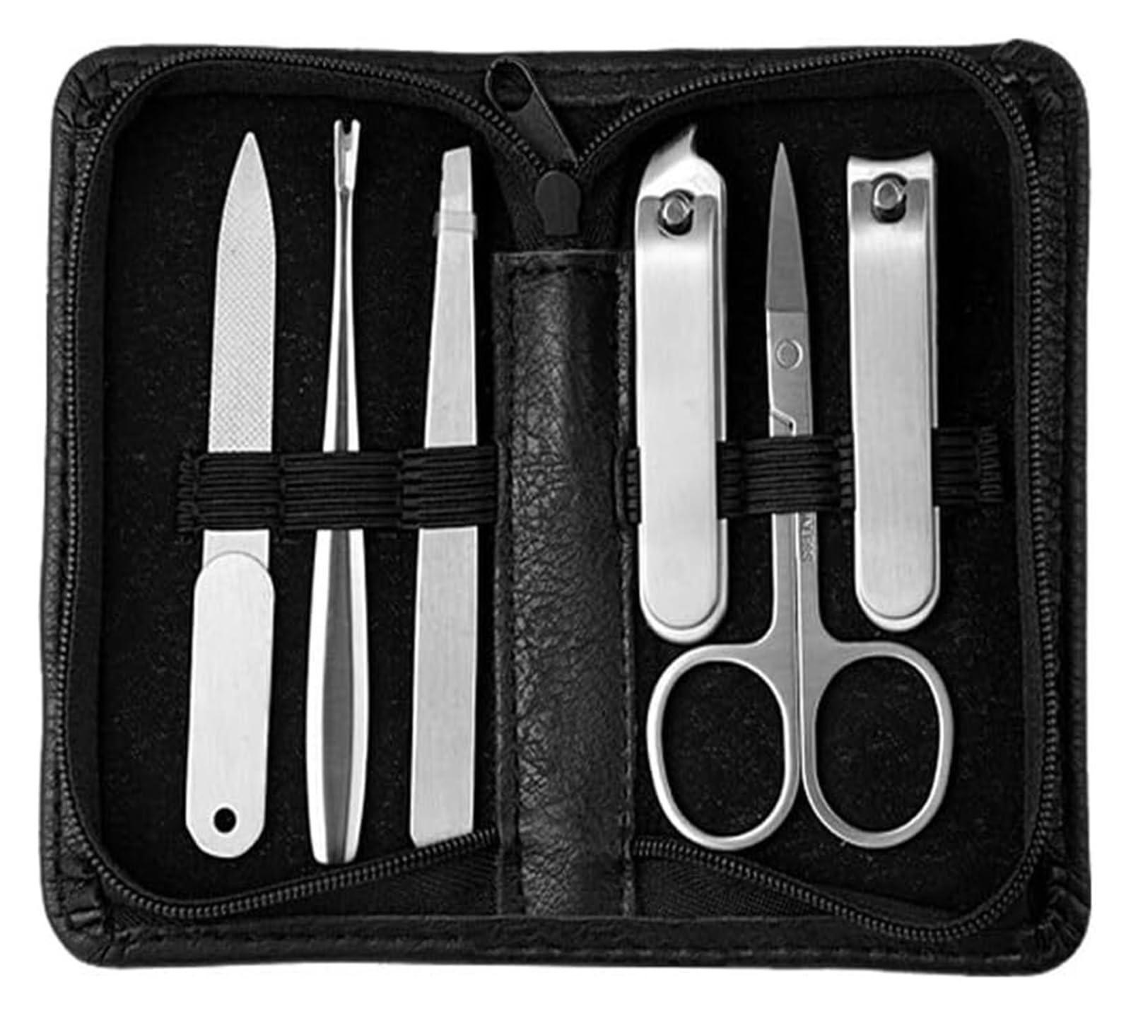 Juego de manicura y cortaúñas de Acero Inoxidable con Clip de Cuero sintético Negro (Negro, 14,5 x 11,5 cm)