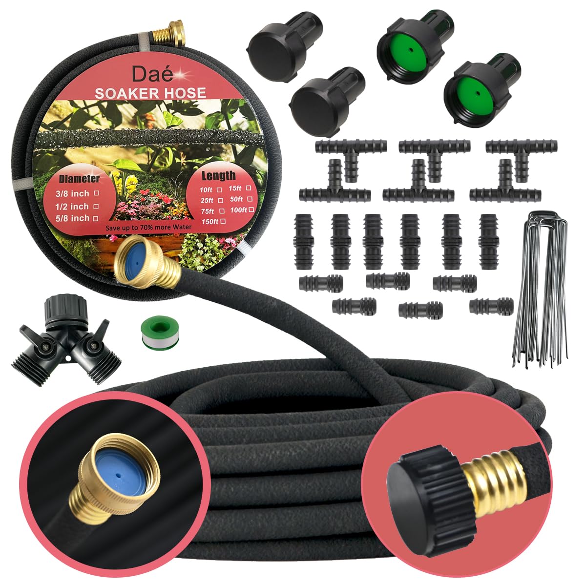 Daé Rubber Soaker Hose, 1/2 inch, 100ft Garden Hose for Irrigation,Water-Saving up to 70%, Brass Connector Leak-Proof, Heavy-duty Hose, Watering for Trees,Lawns, Vegetables and Flowers.?1/2x100ft?