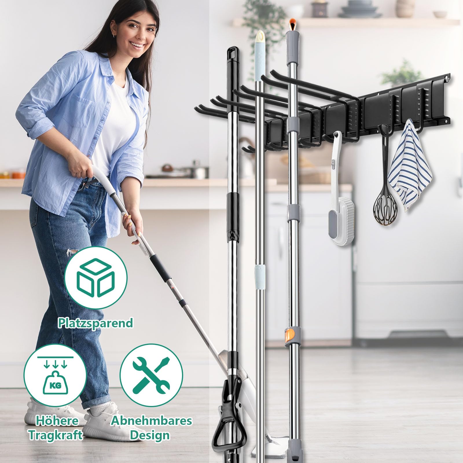 Gerätehalter Wandhalterung, 200cm Gartengerätehalter Metall mit 5 Schienen, Besenhalterung Wand mit 15 Verstellbaren Metallhaken, Tool Organizer Wandhalterung für Besen, Schaufel, Gartengeräte