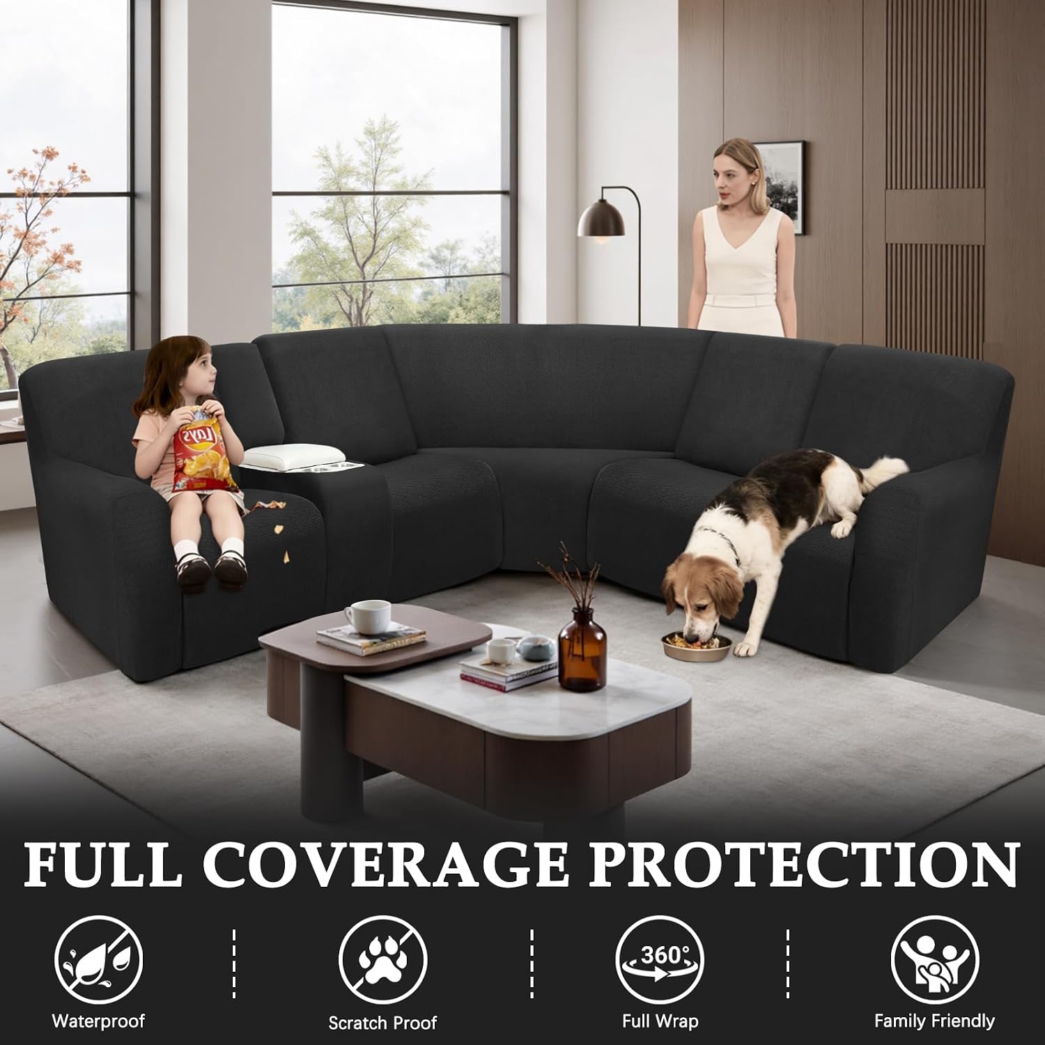 Waterproof Reclining Sectional Couch Covers Washable L Shaped Couch Cover for Sectionals Recliner Sofa Covers Stretch Corner Recliner Slipcovers for Dogs (5 Seater 1 Console Cover, Black)