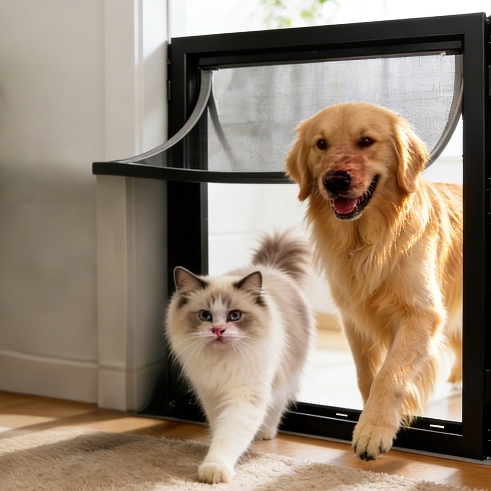 hundeklappe Fenstereinsatz für Hunde, Magnetische Selbstschließende Haustierklappe für Schlafzimmer/Wohnzimmer/Eingang(Black,XXL)