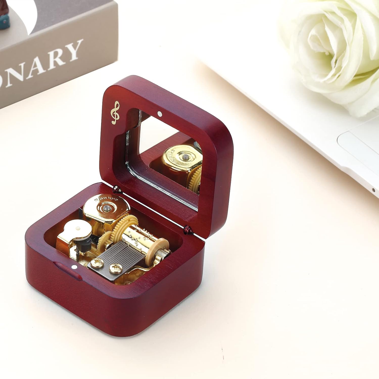 Natural Solid Wood Clockwork Square Note Octave Box with Pause and Play Function, Gift for Birthday/Mother's Day/Children's Day/Valentine's Day/Christmas, Wine-red.