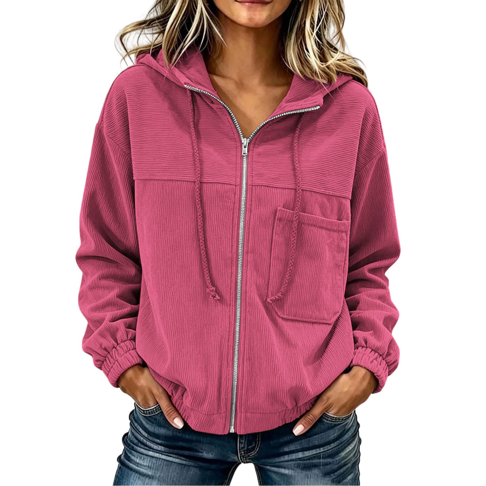Sweatjacke Damen Kord Kapuzenpullover Vintage Pullover Zip Hoodie Lässige Outwear Atmungsaktiv Kapuzenjacke Dünne Winterpullover Mode Streetwear Retro Pulli Elegante Sweatjacken mit Brusttasche