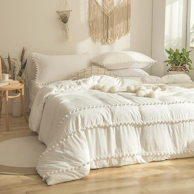 Herside White Duvet Cover Set Double Boho Bedding Pom Poms Fringed Design Soft Microfibre Shabby Chic Bedding Sets with 2 Pillowcases (White,Double)