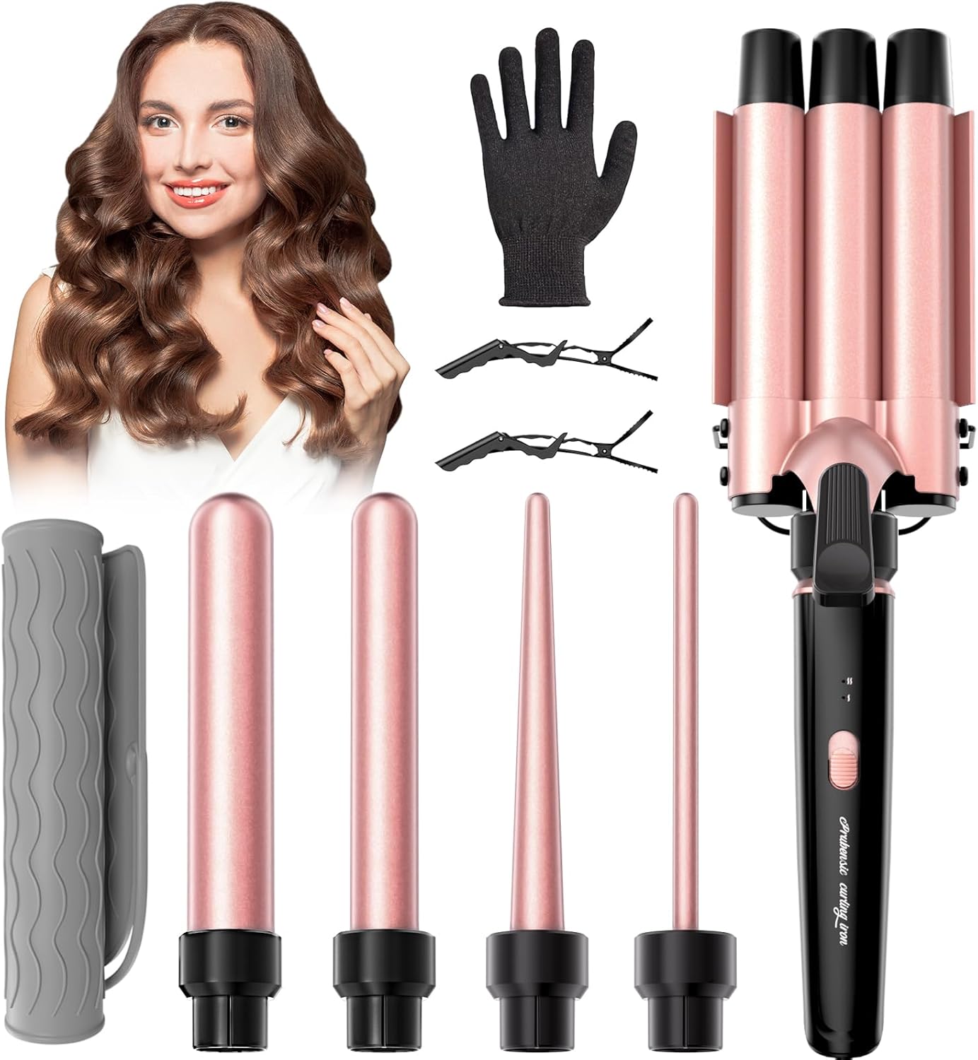 5 in 1 Curling Iron, Curling Wand Set with 3 Barrel Crimper Hair and 4 Interchangeable Ceramic Curling Wand(0.35”-1.25”), Fast Heating Hair Curler, Include Glove & Clips-Pink