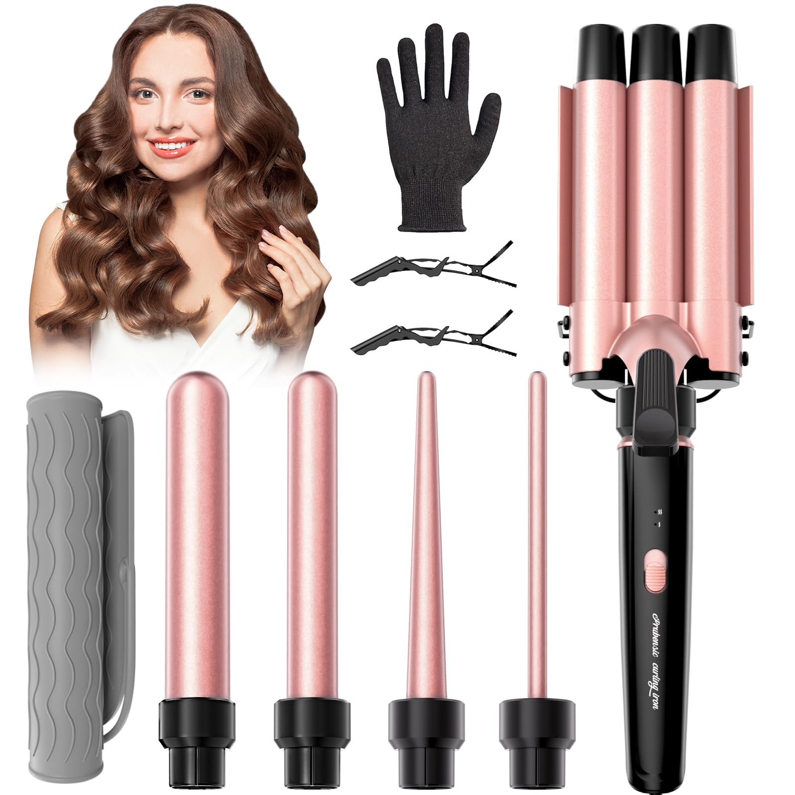 5 in 1 Curling Iron, Curling Wand Set with 3 Barrel Crimper Hair and 4 Interchangeable Ceramic Curling Wand(0.35”-1.25”), Fast Heating Hair Curler, Include Glove & Clips-Pink
