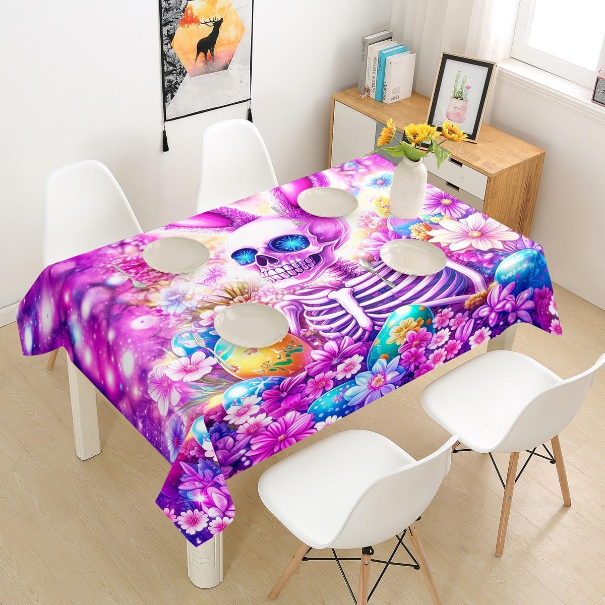 Homewish Trippy Skull Tablecloths,Purple Floral Table Cloth for Kids Girls Boys Teens Room Decor,Colorful Eggs Table Accessories Watercolor Vivid Mircrofiber Print Table Cover,55"x87"