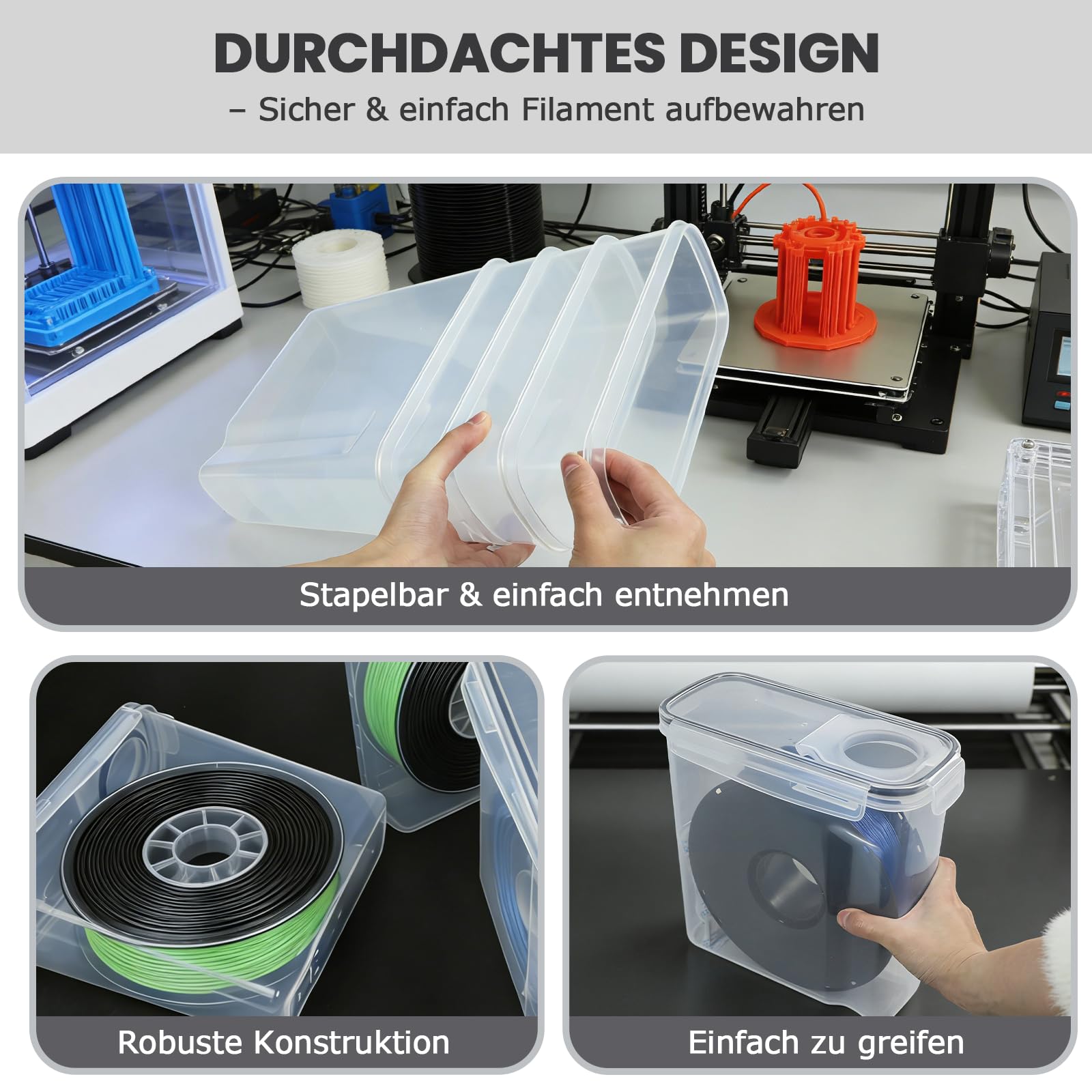 Filament Aufbewahrungsbox, 6 Stück Filament Box für 3D-Druck-Filament Versiegelung und Schutz, Wasser- und Staubdichte Filamentaufbewahrung mit Trockenmittel & Etiketten 4,0L