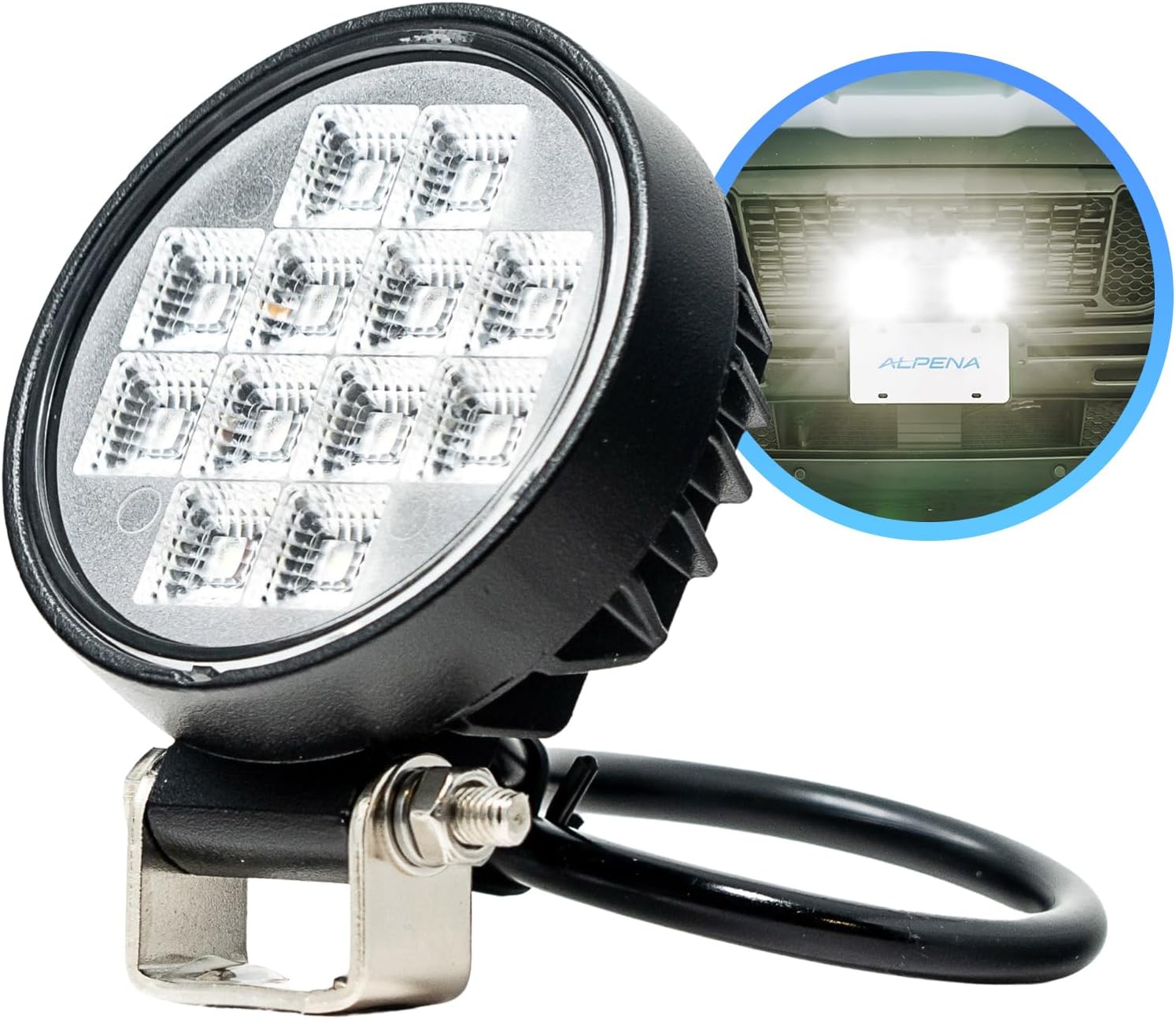 Alpena TrekTec MR12 LED Pod Lights illuminating the front of a truck at night