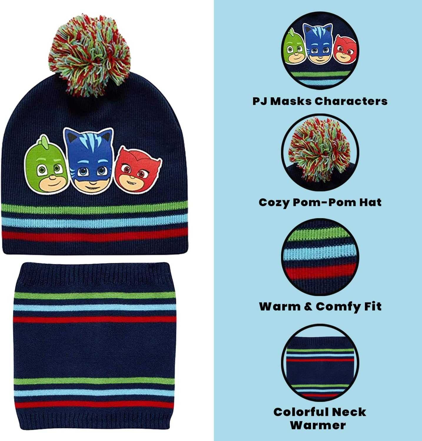 PJ Masks Winter Hat, Mittens, and Gaiter Scarf Three Piece Set, Size Age-2T-4T, PJ Masks Hat Mitten Gaiter Set