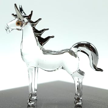 Horse Miniature Figurine Handmade Blown Glass Art Tiny Animal Collectible Sculpture Unique Home Decor Gift Clear Silver