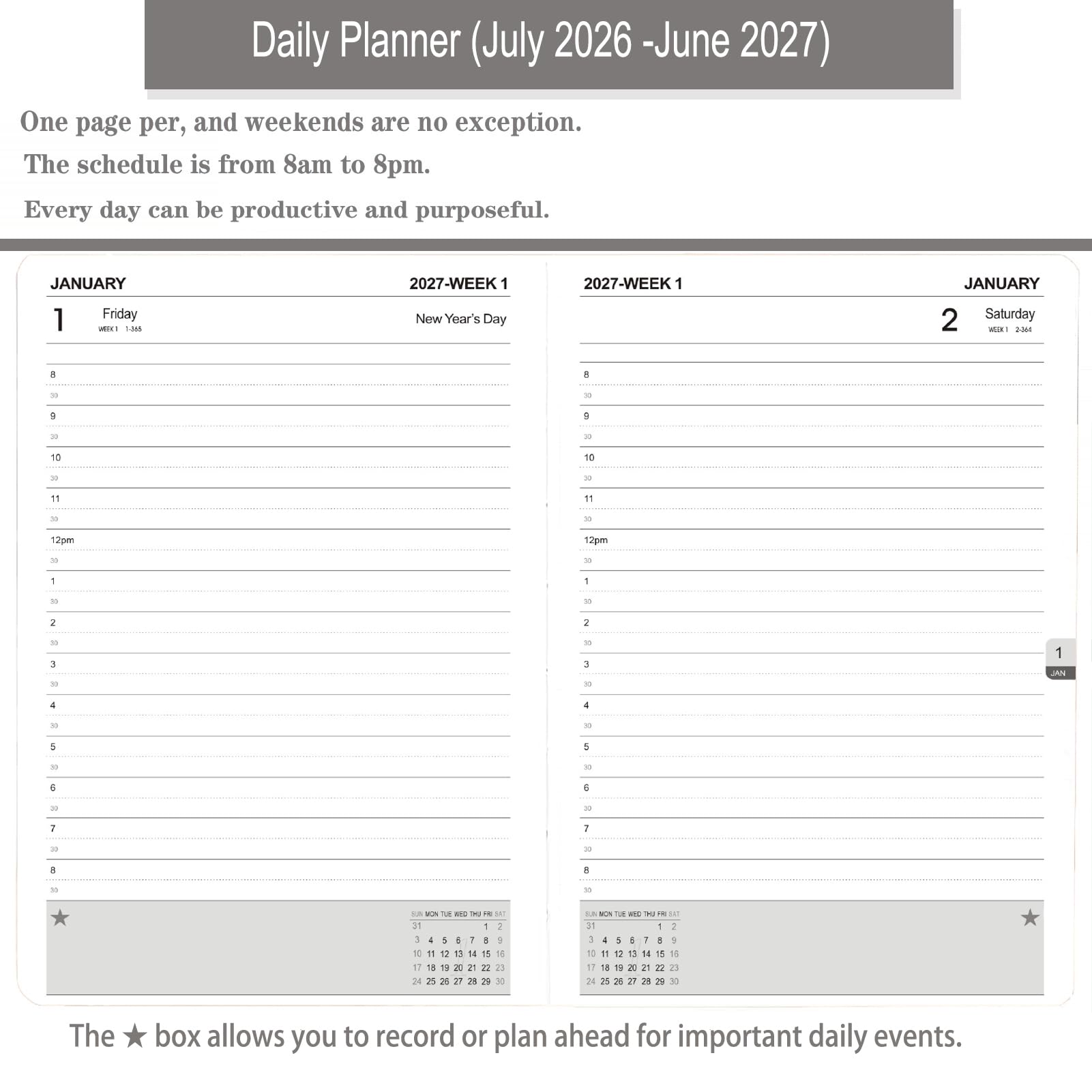Tagesplaner 2026-2027, eine Seite pro Tag, Akademischer Kalender (Juli 2026 - Juni 2027), Terminkalender mit Zeitschlitzen und Monatstaben, 14,5 x 21,0 cm, Tasche, Ledereinband (Braun)
