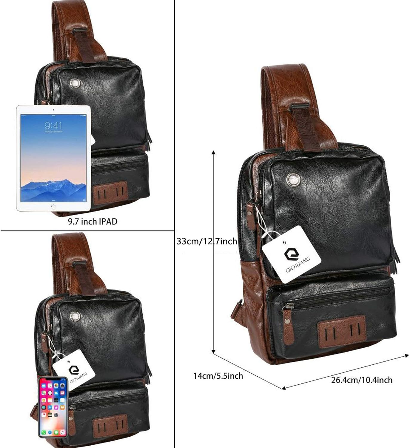 QICHUANG Men Sling Bag PU Leather Unbalance Chest Shoulder Bag with USB Charging Port Gift for Men