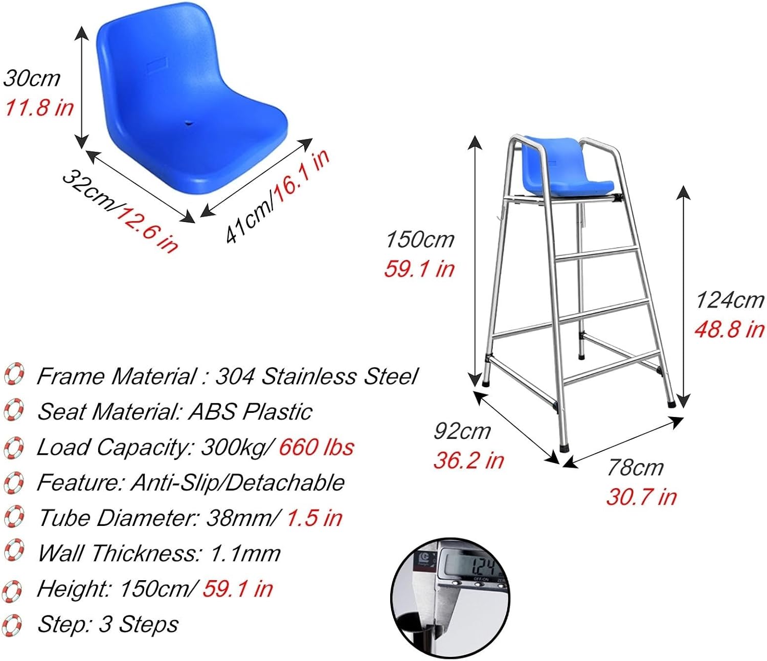 Tall Lifeguard Chairs,304 Stainless Steel Lifeguard Chairs with Hook, Poolside Life-Saving Equipment with Comfortable Seat, Pool Lifeguard Chairs for Lake/Beach and Patio(H 1.5m/59.1 in)