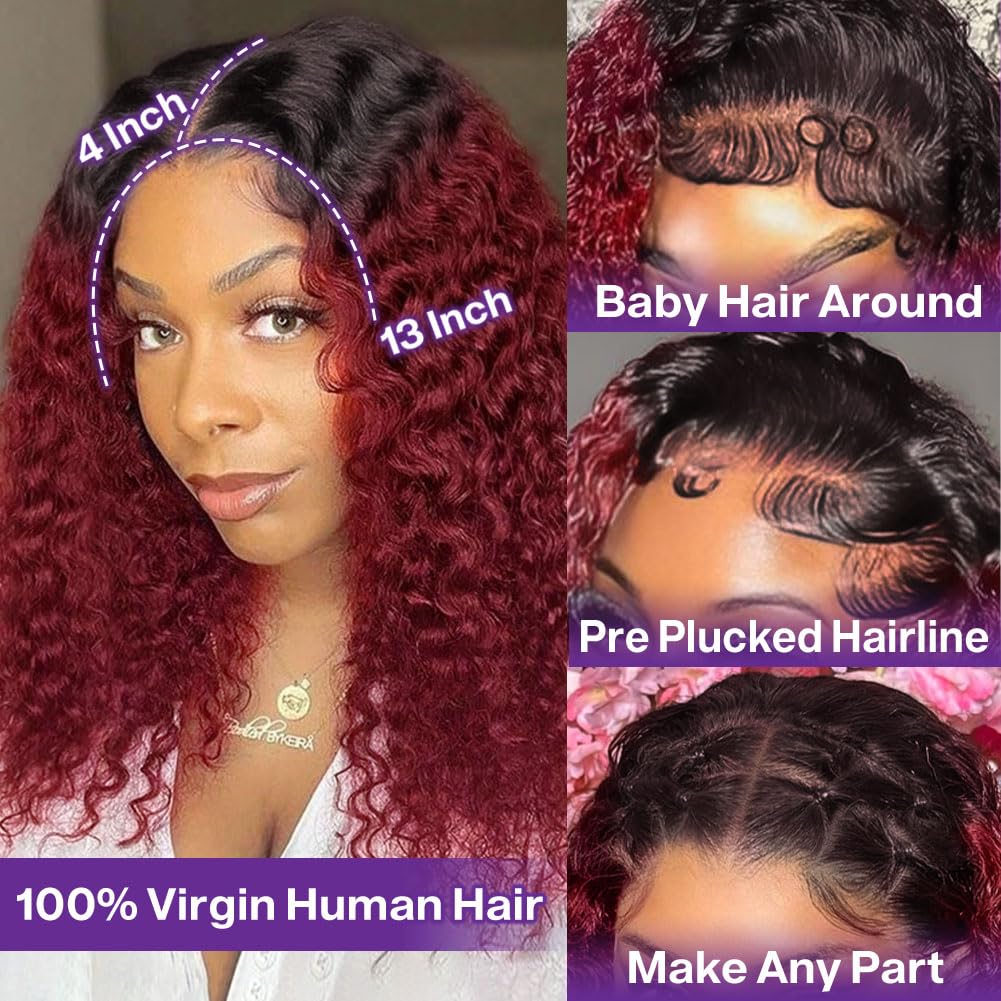 Ombre 99J Burgundy BOB Lace Front Wigs Human Hair For Black Women Wear And Go Glueless Wine Red 13x4 HD Short Deep Wave Curly Frontal BOB Wigs Human Hair Pre Plucked 1B/99J 16 Inch