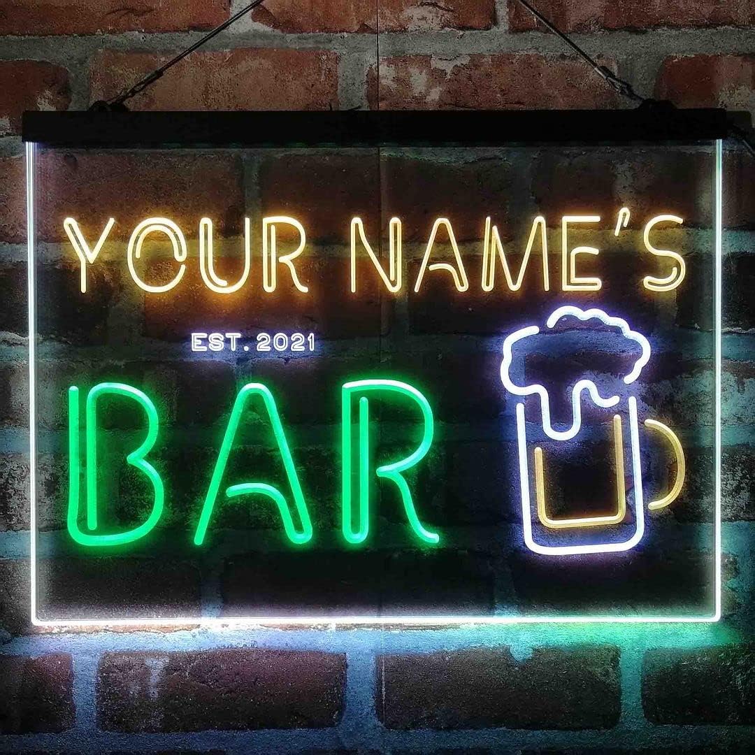 Personalized Pub Club Den Cabin Tri-Color LED Neon Light Sign Customize Name Date Text Quote Font White & Green & Yellow 17.7 x 13.6 Inches st9s43-pv1-tm-wgy
