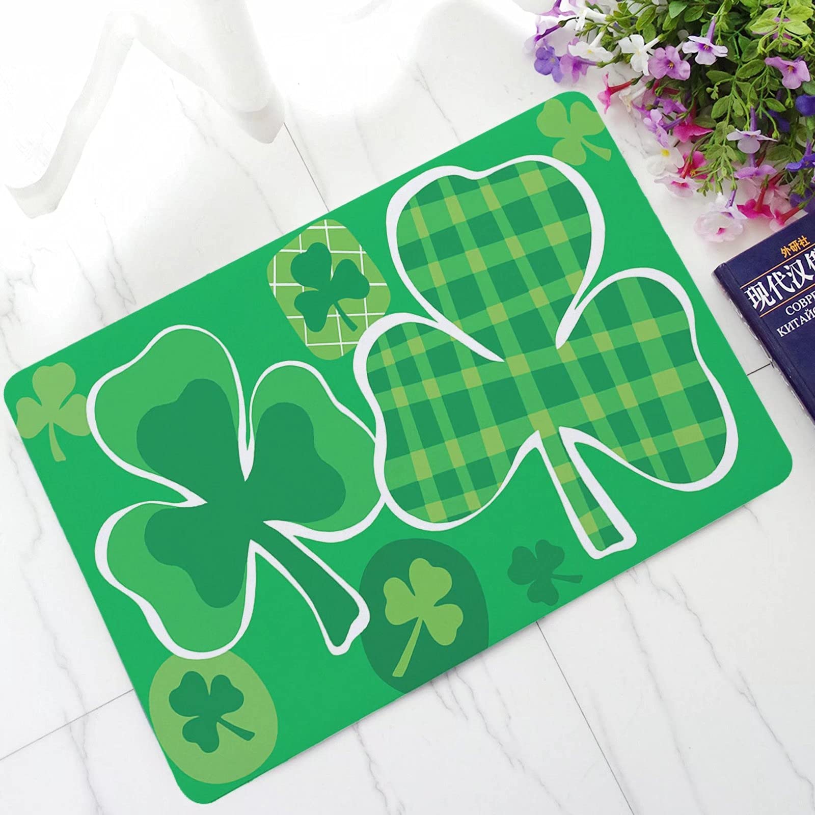 Tappetino per ingresso esterno, interno e cucina, bagno, per terrazza, ingresso interno, tappeti, garage e lavanderia, con fiori di trifoglio verde, 60 x 100 cm