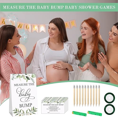 Miniatura 7 de Fumete Juego de 65 piezas para baby shower, incluye tema de vegetación, mide el letrero de la protuberancia, 50 hojas, tarjetas de adivinanzas, 10