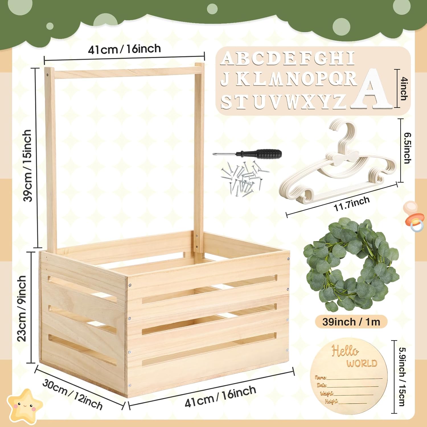 Barydat Wooden Baby Shower Crate Closet Basket with Handle Baby Announcement Sign Garland Hangers Large Letter, Wooden Gift Crate, Letters for Pregnancy New Parent Party(Beige)