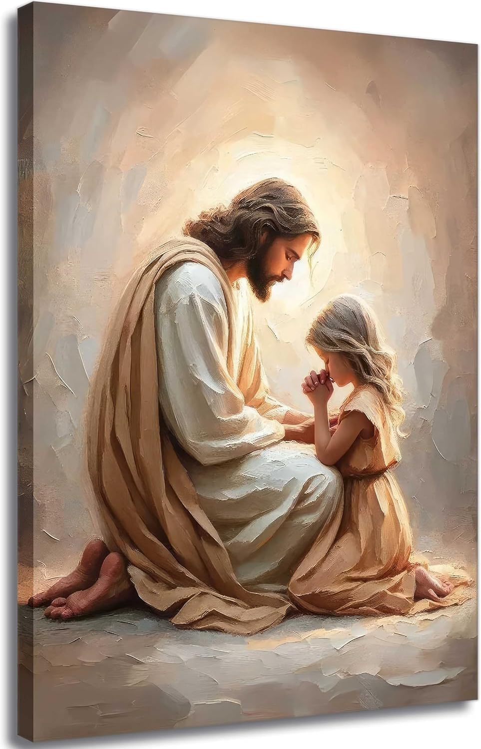 LZJAGXX Jesus Praying with Girl Canvas Wall Art Christian Paintings Jesus with Children Wall Decor Religious Posters Prints(40x60cm/Canvas Wrap)