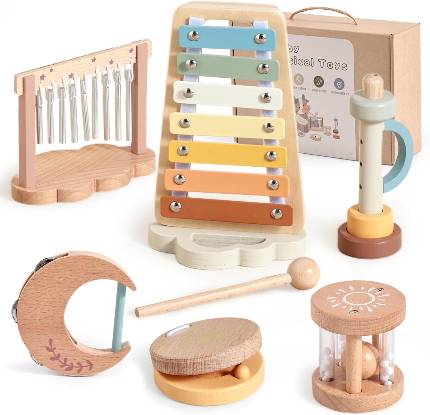 Wooden Xylophone Musical Instrument Sets Toy for Kids, Rattle Bell Montessori Cloud Toddler Music Percussion Toys, Christmas Birthday Gifts for Boys Girls 3 Year+