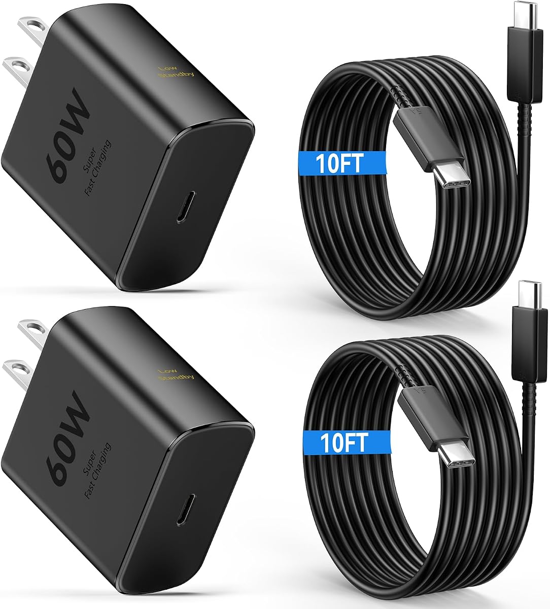 Cargador súper rápido USB C de 60 W Tipo C Cargador de teléfono Android Bloque de carga rápida con cable USB-C a USB-C de 10 pies Compatible con Samsung Galaxy S26 Ultra/S26/S26+/S25/S25 Ultra/S25+/S24, iPhone, iPad