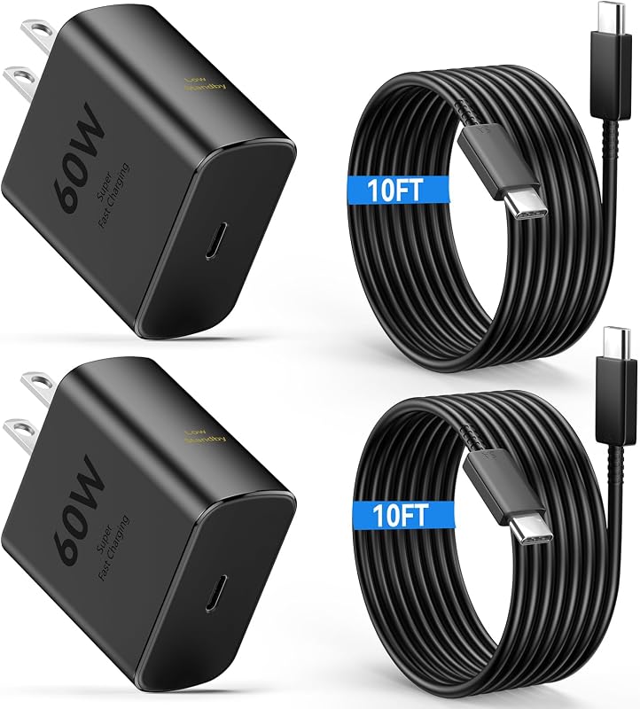 Cargador súper rápido USB C de 60 W Tipo C Cargador de teléfono Android Bloque de carga rápida con cable USB-C a USB-C de 10 pies Compatible con Samsung Galaxy S26 Ultra/S26/S26+/S25/S25 Ultra/S25+/S24, iPhone, iPad