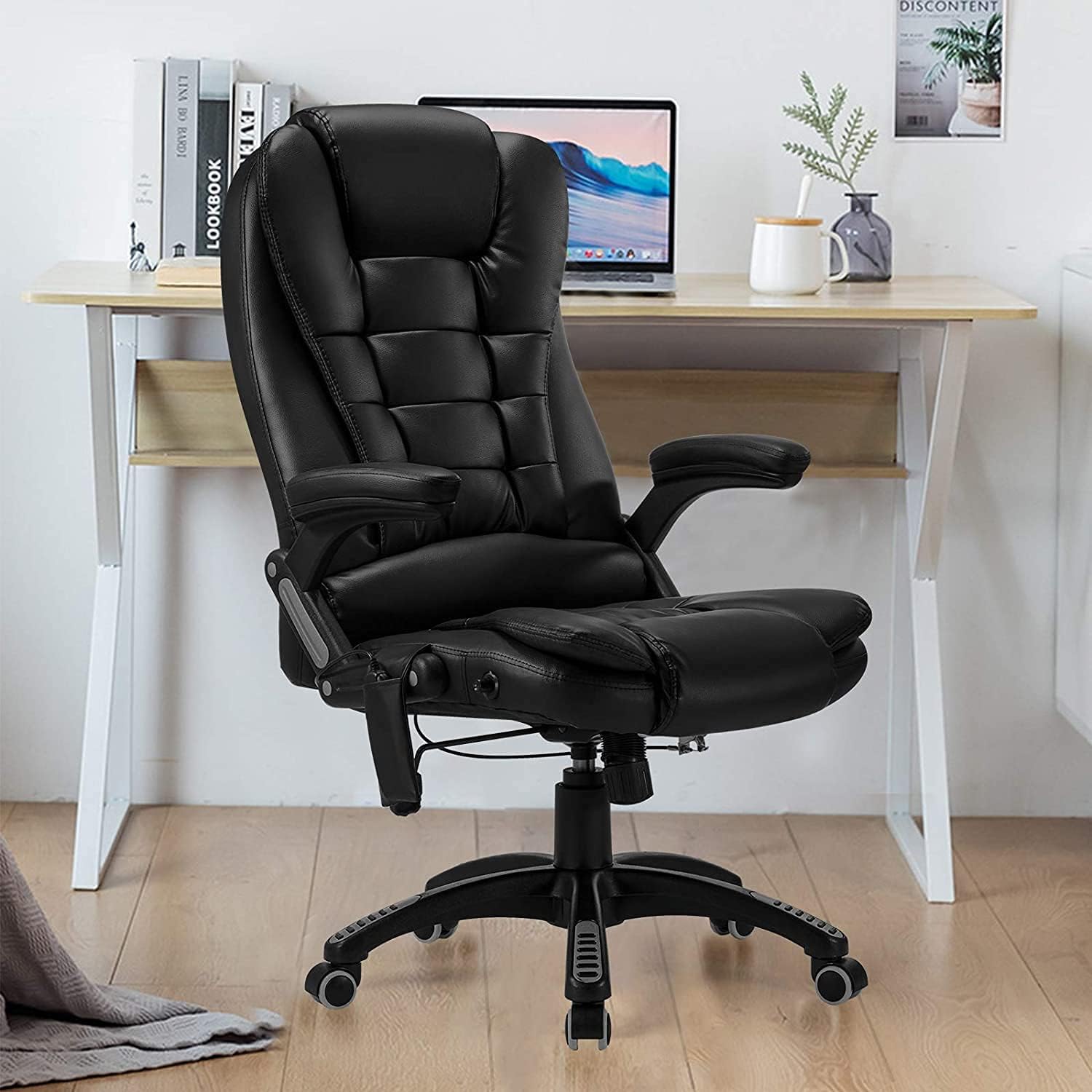 Massage Office Chair with Heated, High Back Executive 6 Vibrating Pointed with Lumbar Support, Adjustable Back Recline Swivel 360° Desk Chair, PU Leather, Light Black : Office Products