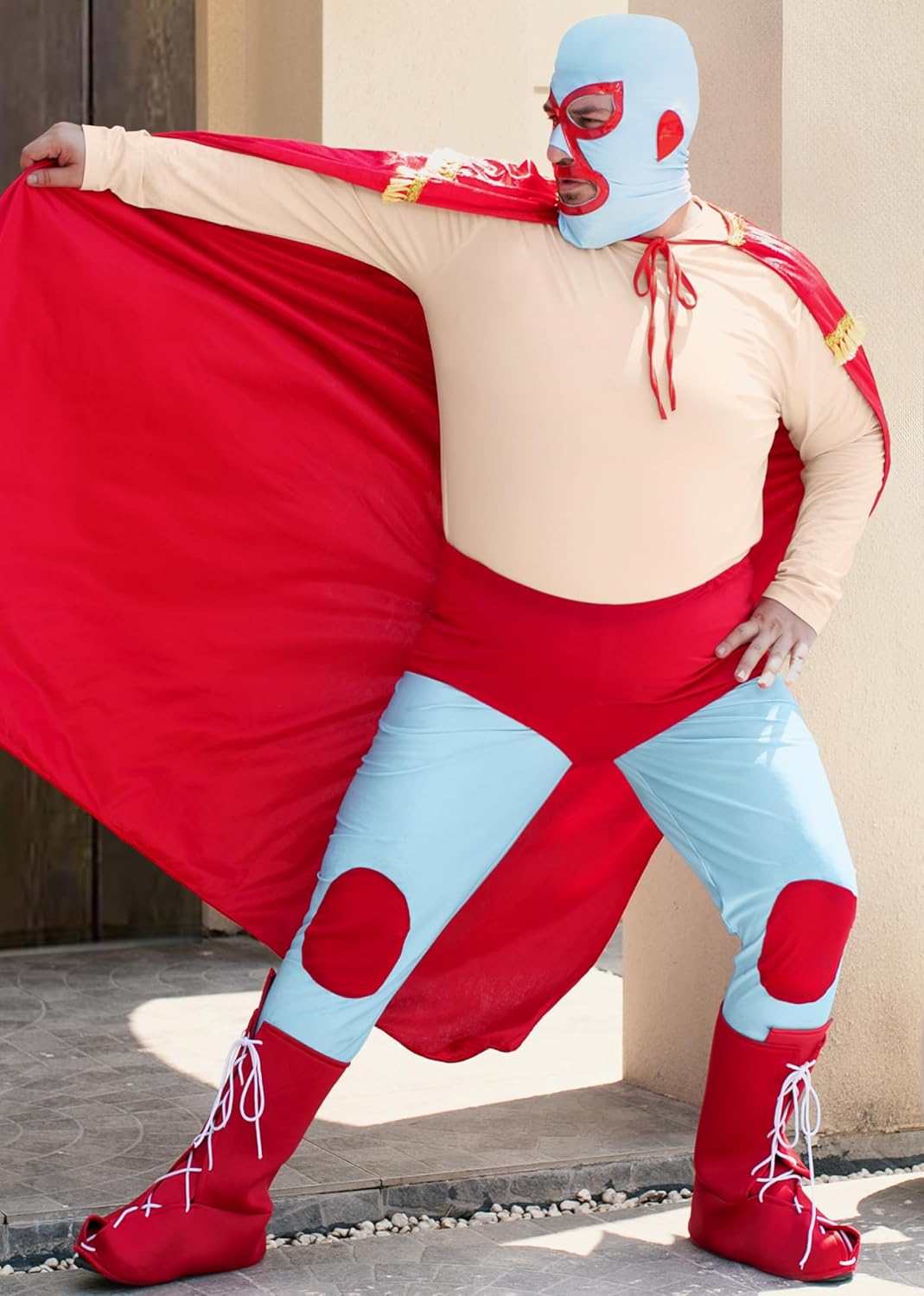 Mainfini 5 Pcs Nacho Libre Costume Adult Men Mexican Wrestler Outfit Funny Tshirt Mask Cape Tights Boot Cover (S-3XL) - Image 4