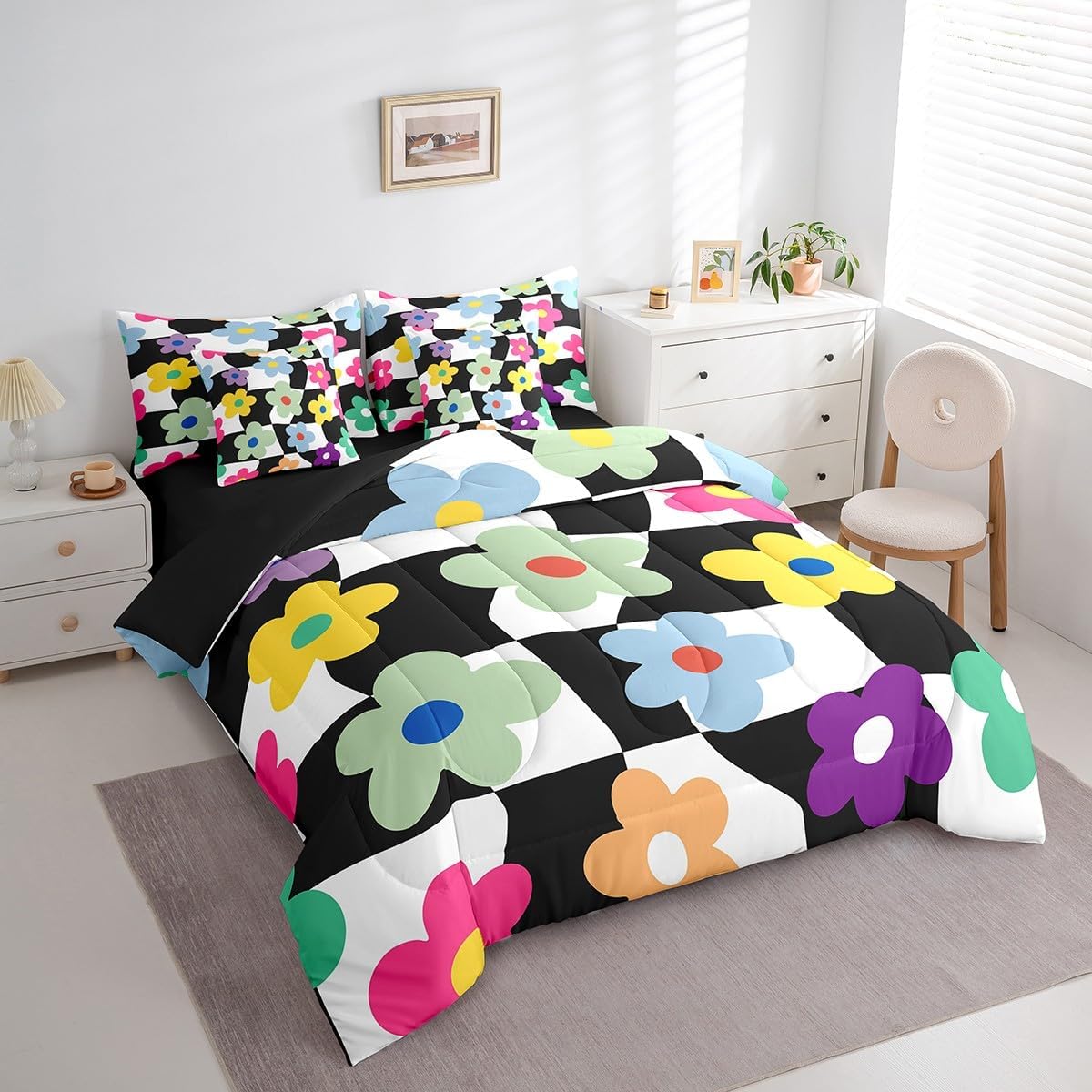Feelyou Floral Print Bedding Set Queen Size Cartoon Flower Comforter Set 7 Pieces Blossom Botanical Geometric Modern Abstract Art Bed in a Bag Black Bed Set with Comforter, Sheet Set, Pillowcases