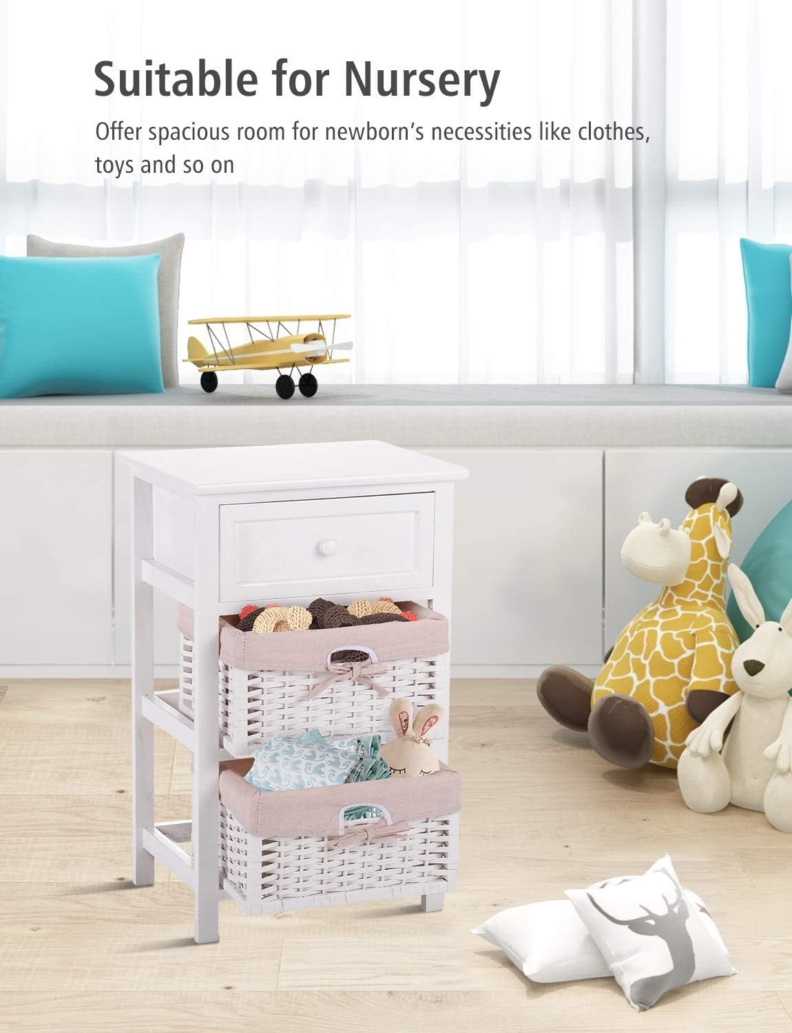 White Nightstand for Bedroom, Modern Night Stand with Storage Drawer, 3-Tier End Table for Living Room, 16”Lx 12”W x 25”H