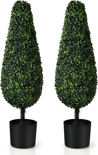 Goplus Torre de boj artificial de 3 pies, paquete de 2 plantas decorativas de imitación en maceta de plástico rellena de cemento, plantas verdes