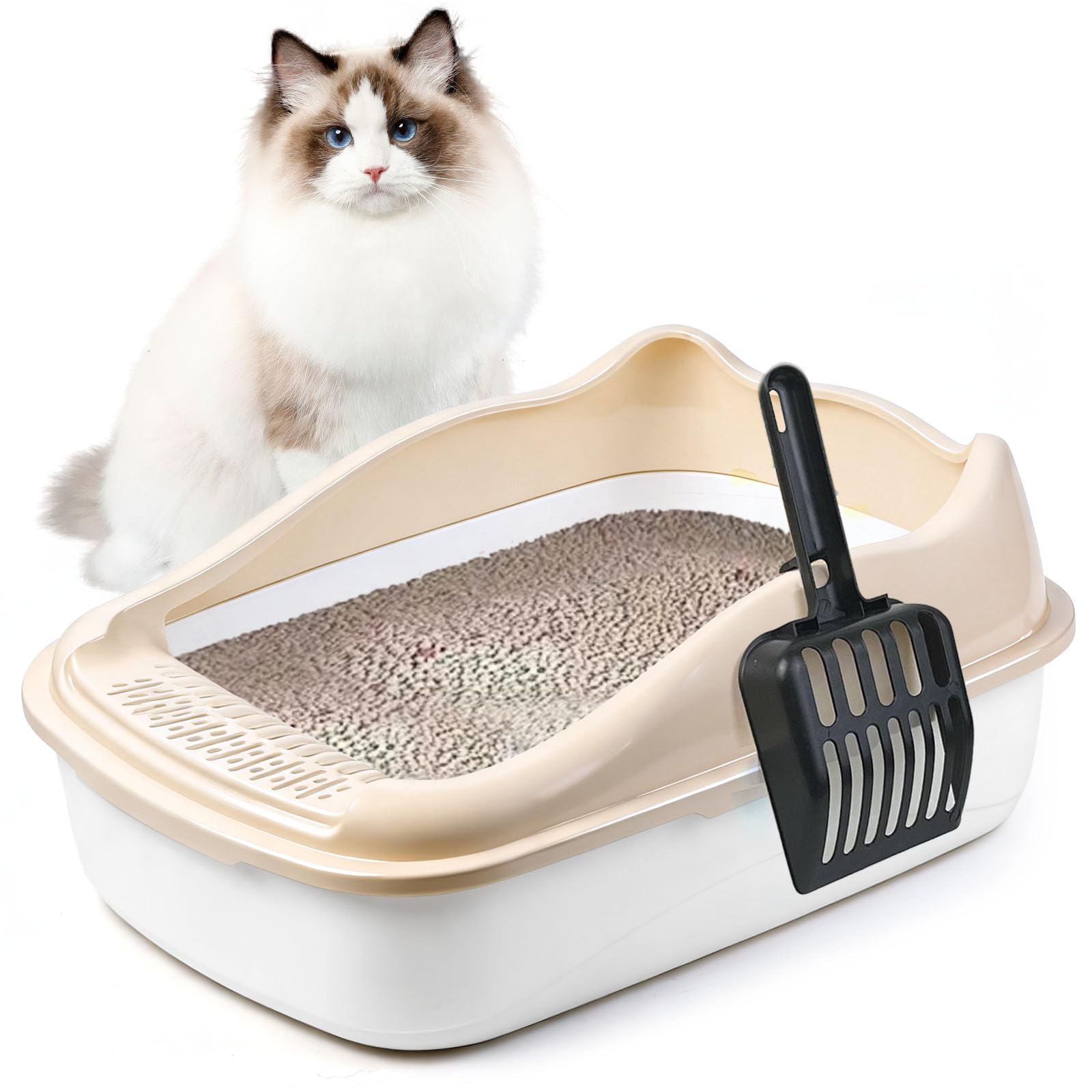 SKY-TOUCHCat Litter Tray Box,Litter Box with High Side,Anti-Splashing Cats Litters Box,Cat Toilet with Litter Sifting Scoop, Filtered Litter Pedal,Detachable Rim,Easy Cleaning,48 * 35 * 18cm,White