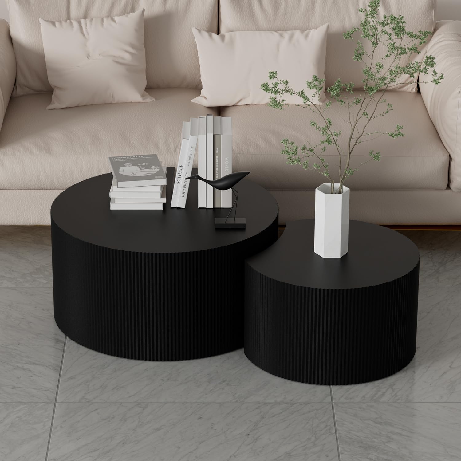 kevinplus Black Round Coffee Table Set of 3 Modern Drum Circle Nesting Coffee Tables for Living Room, Contemporary Wood Fluted Embossed Round+Small Crescent Coffee Table, No Assembly, Black (3-Pcs)